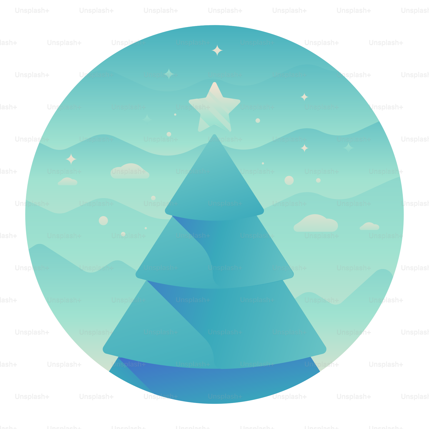 青いクリスマスツリーの上に星がついてる