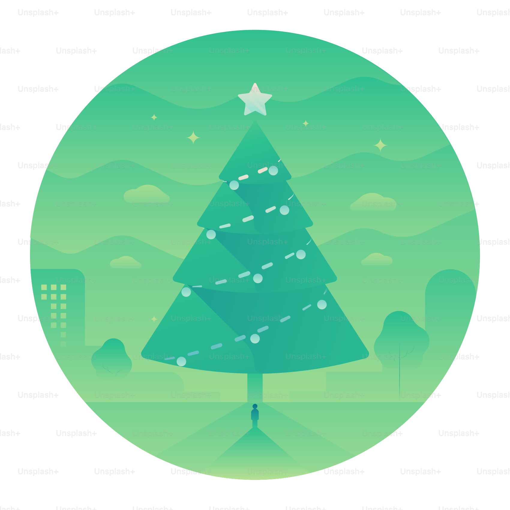 頂上に星がついた緑のクリスマスツリー