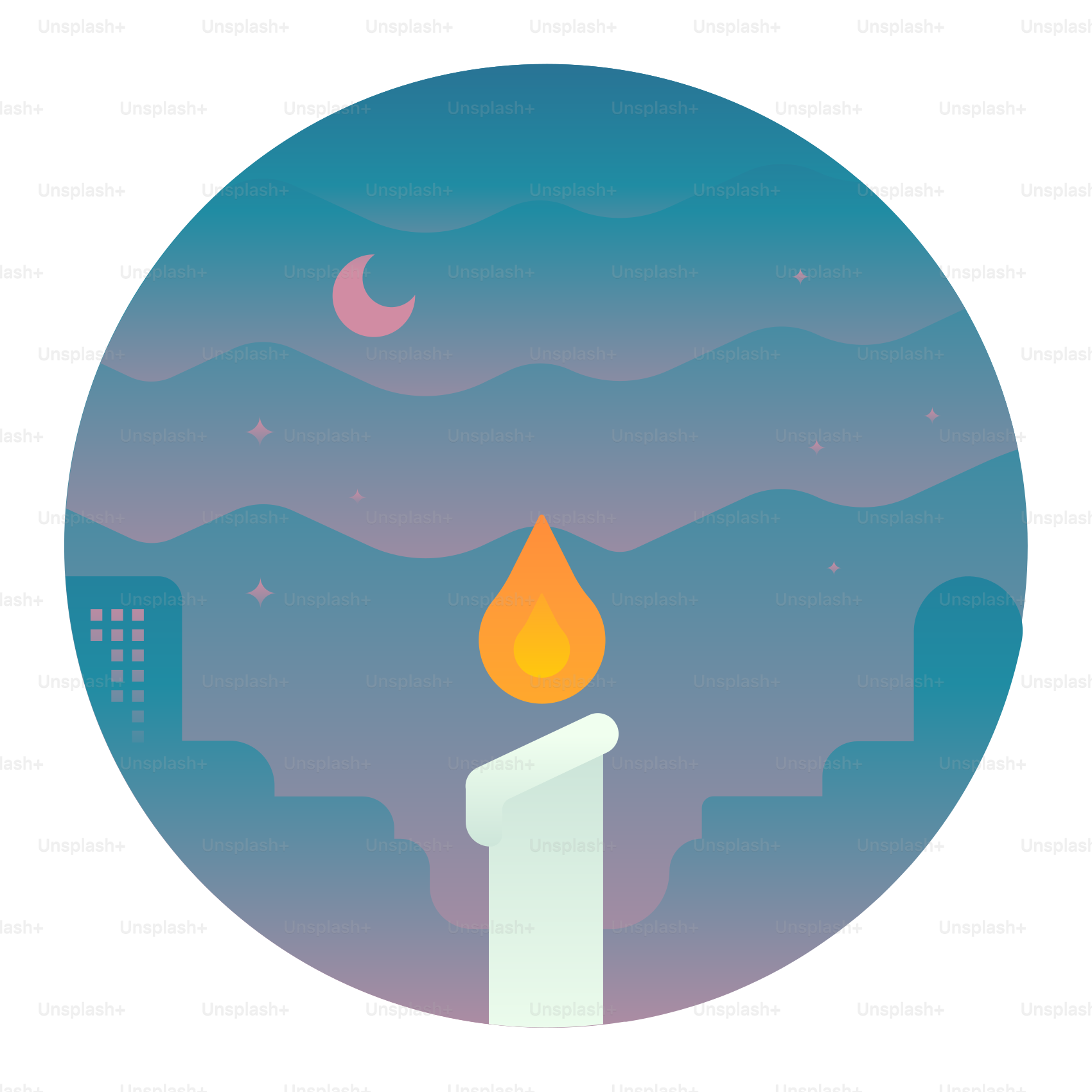 A lit candle with a city in the background