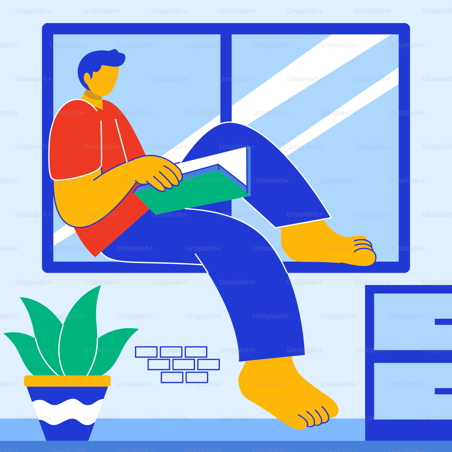 A man sitting on a window sill in front of a plant