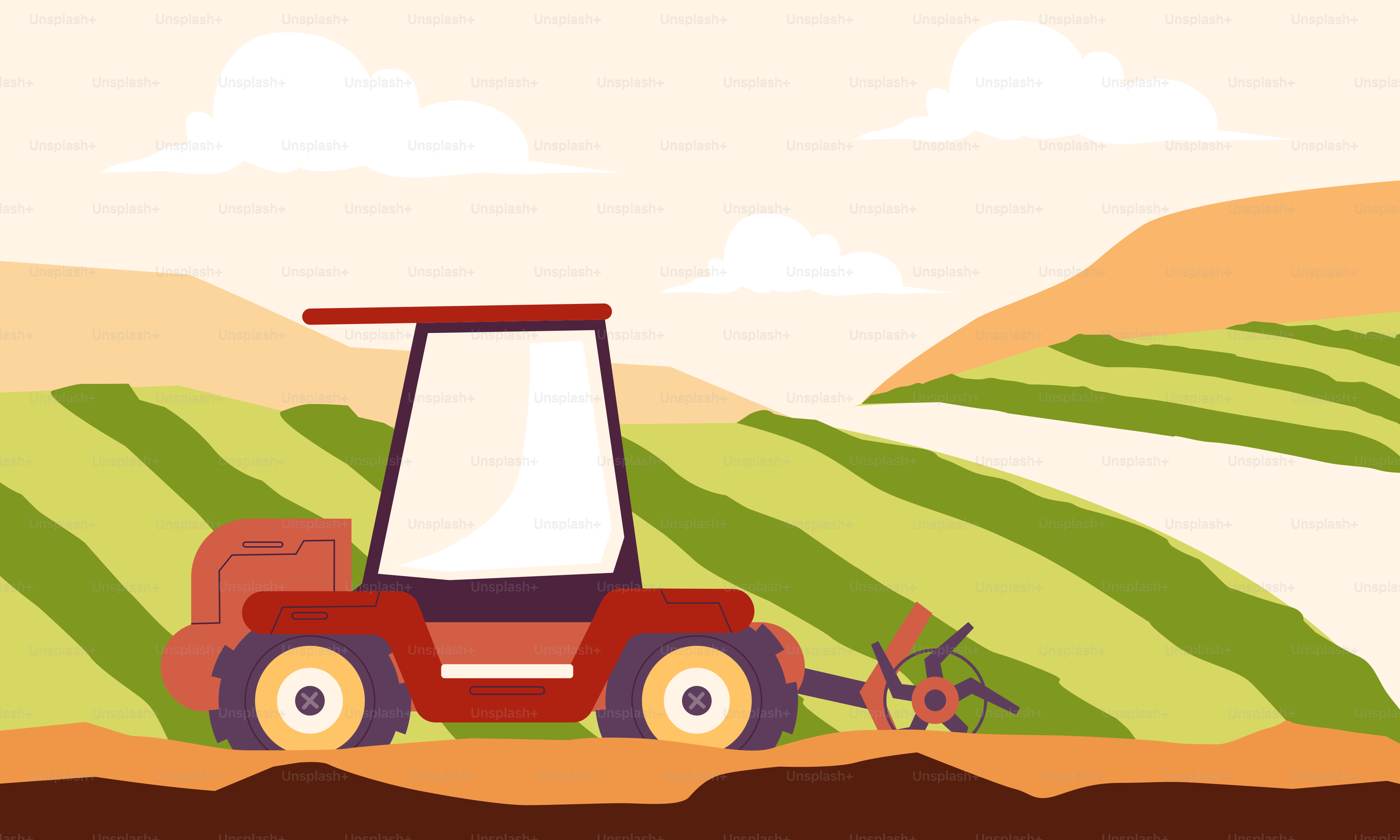 A farm scene with a tractor in the middle of the field