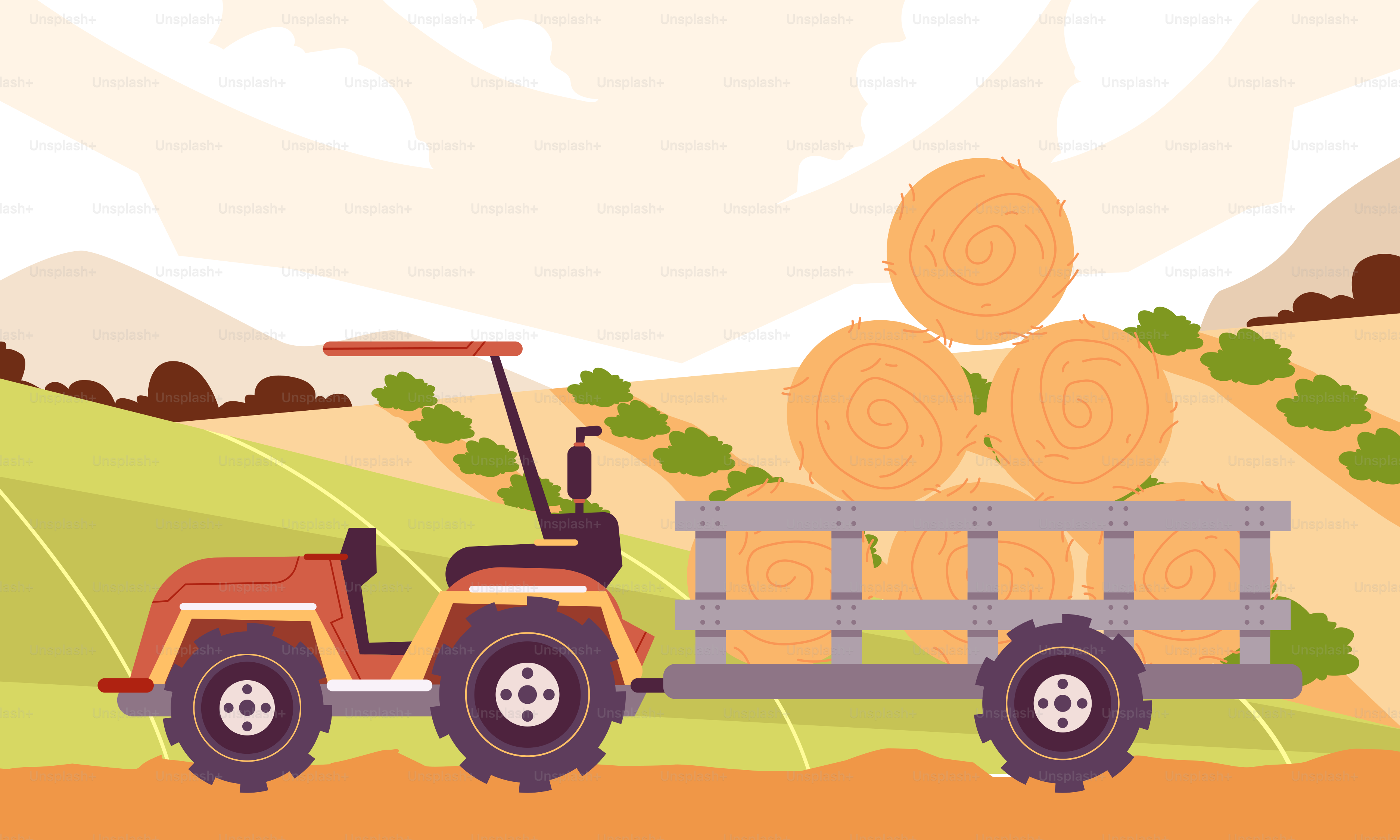 A tractor pulling a trailer full of hay