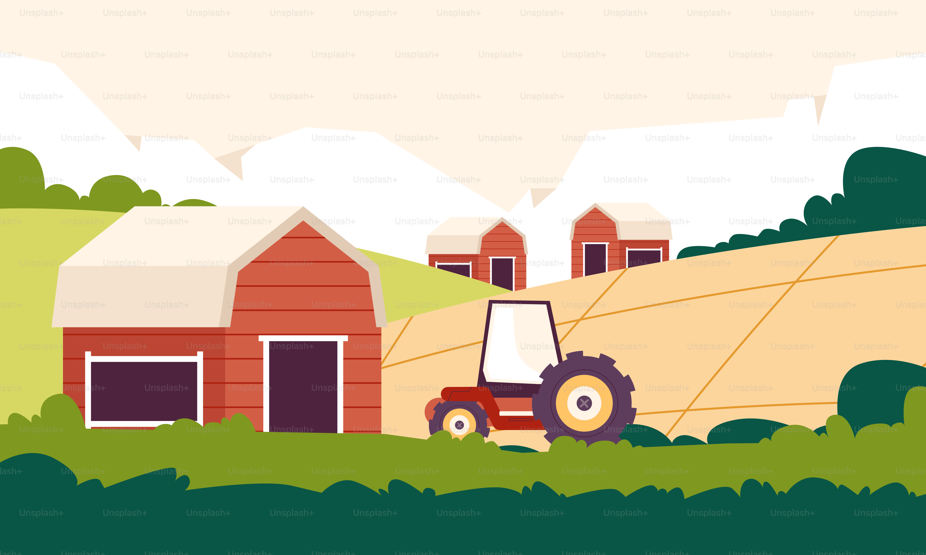 A farm scene with a tractor and a barn