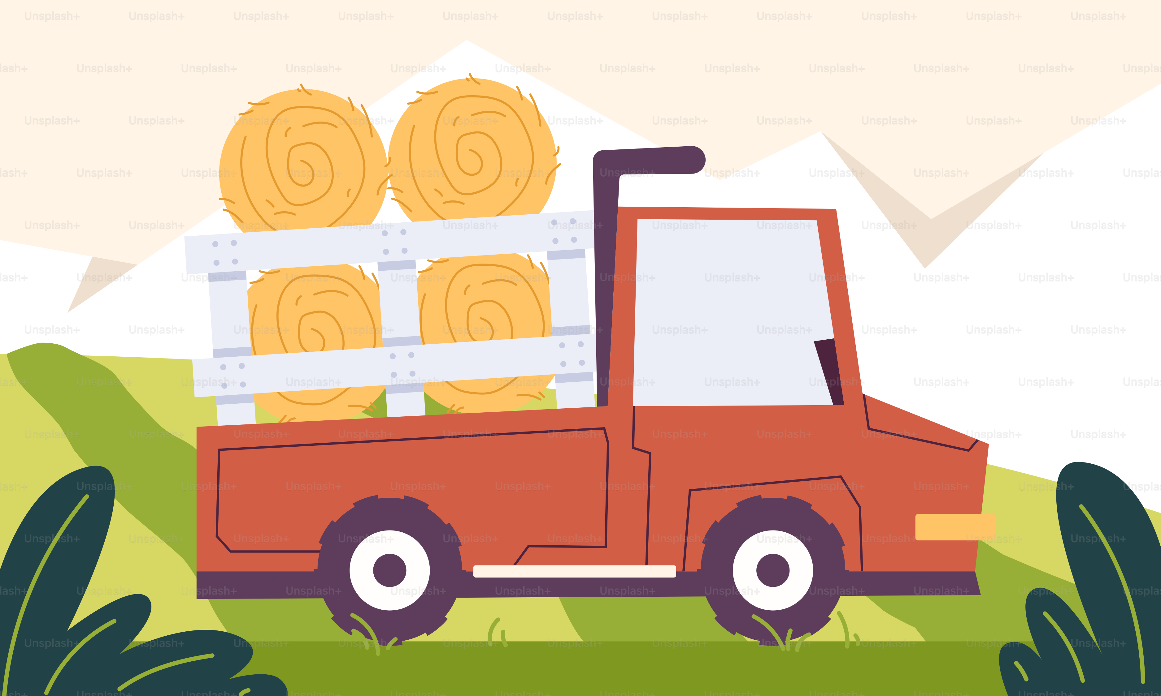 A red truck with a load of hay on the back