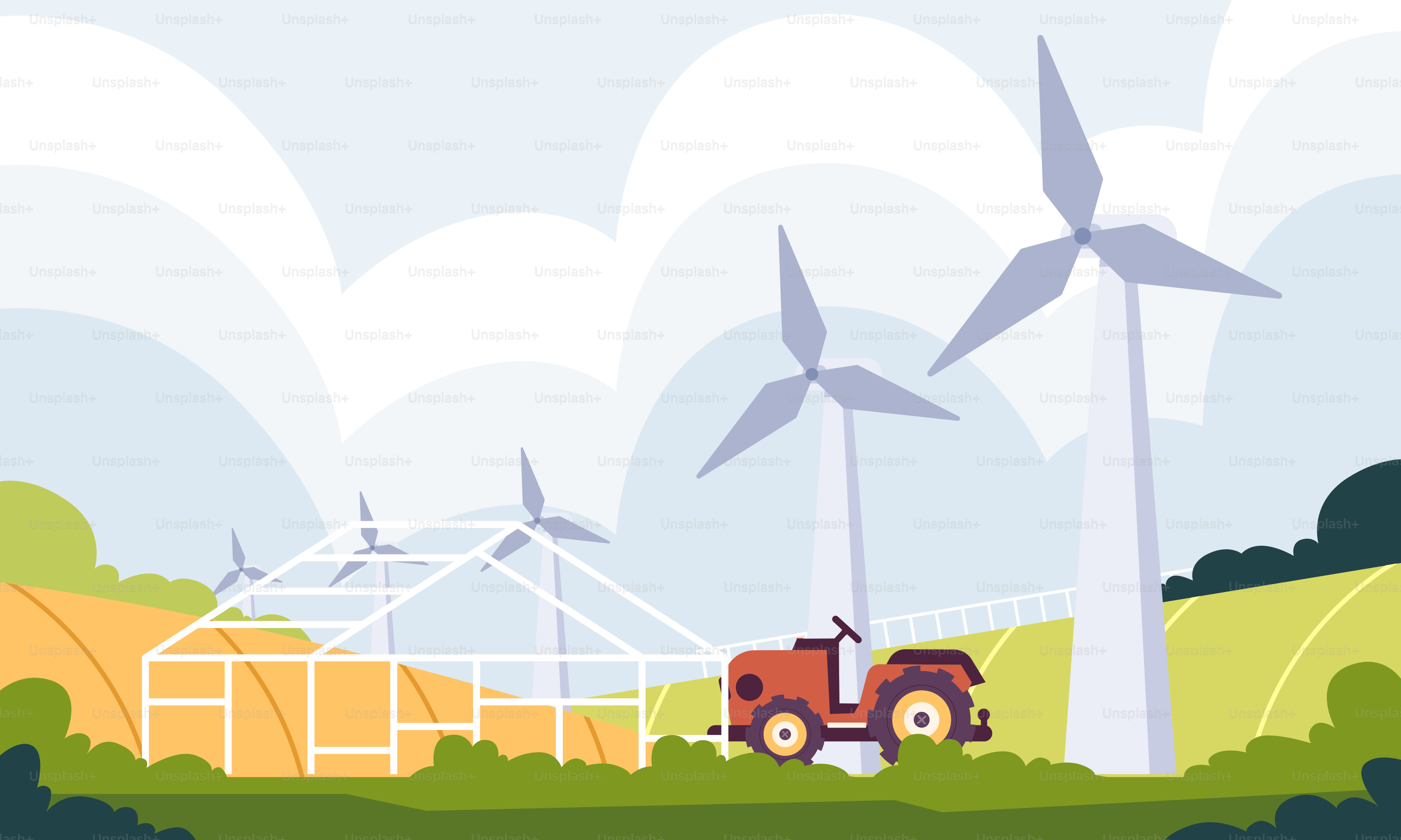 A farm scene with a tractor and windmills