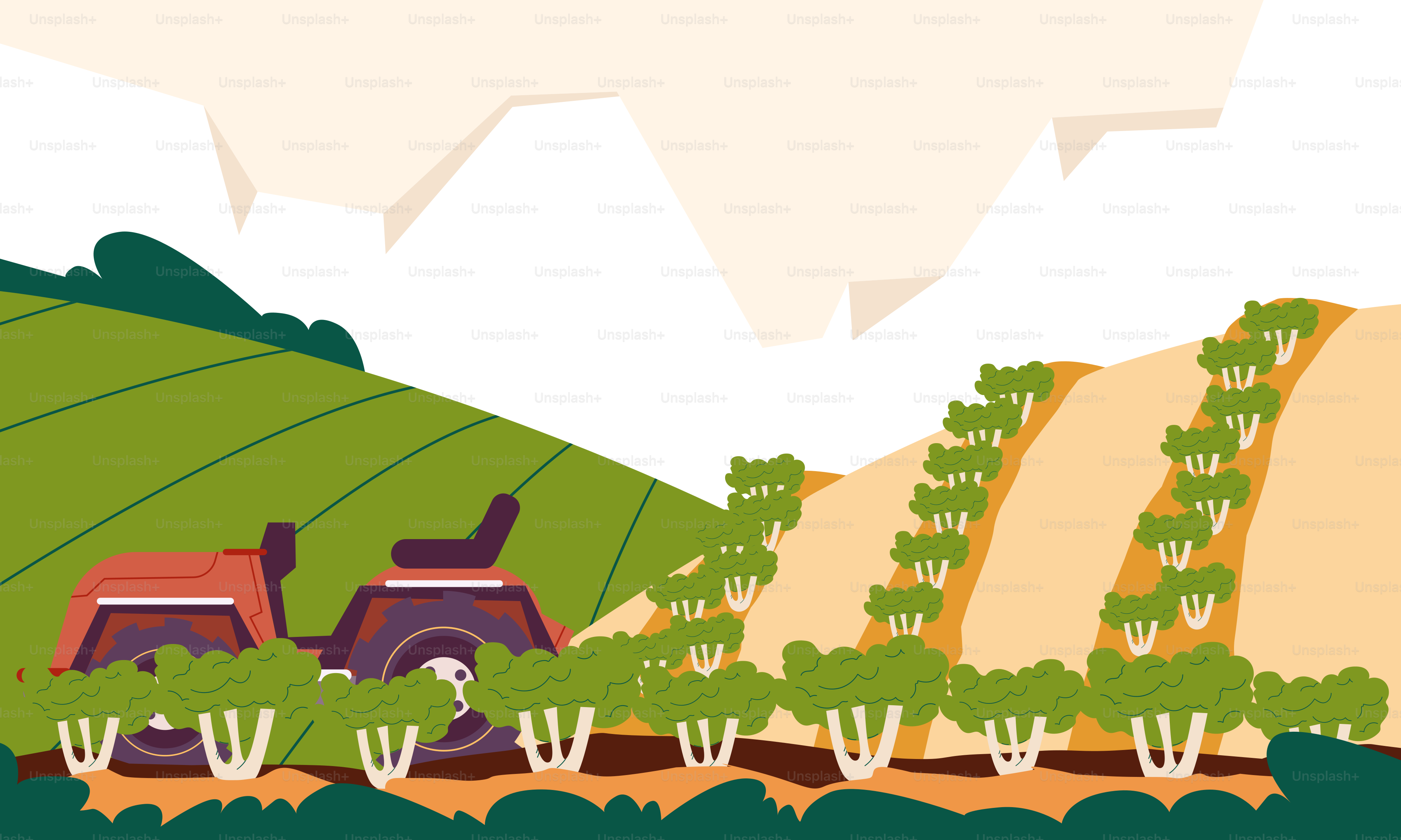 A farm scene with a tractor in the middle of the field