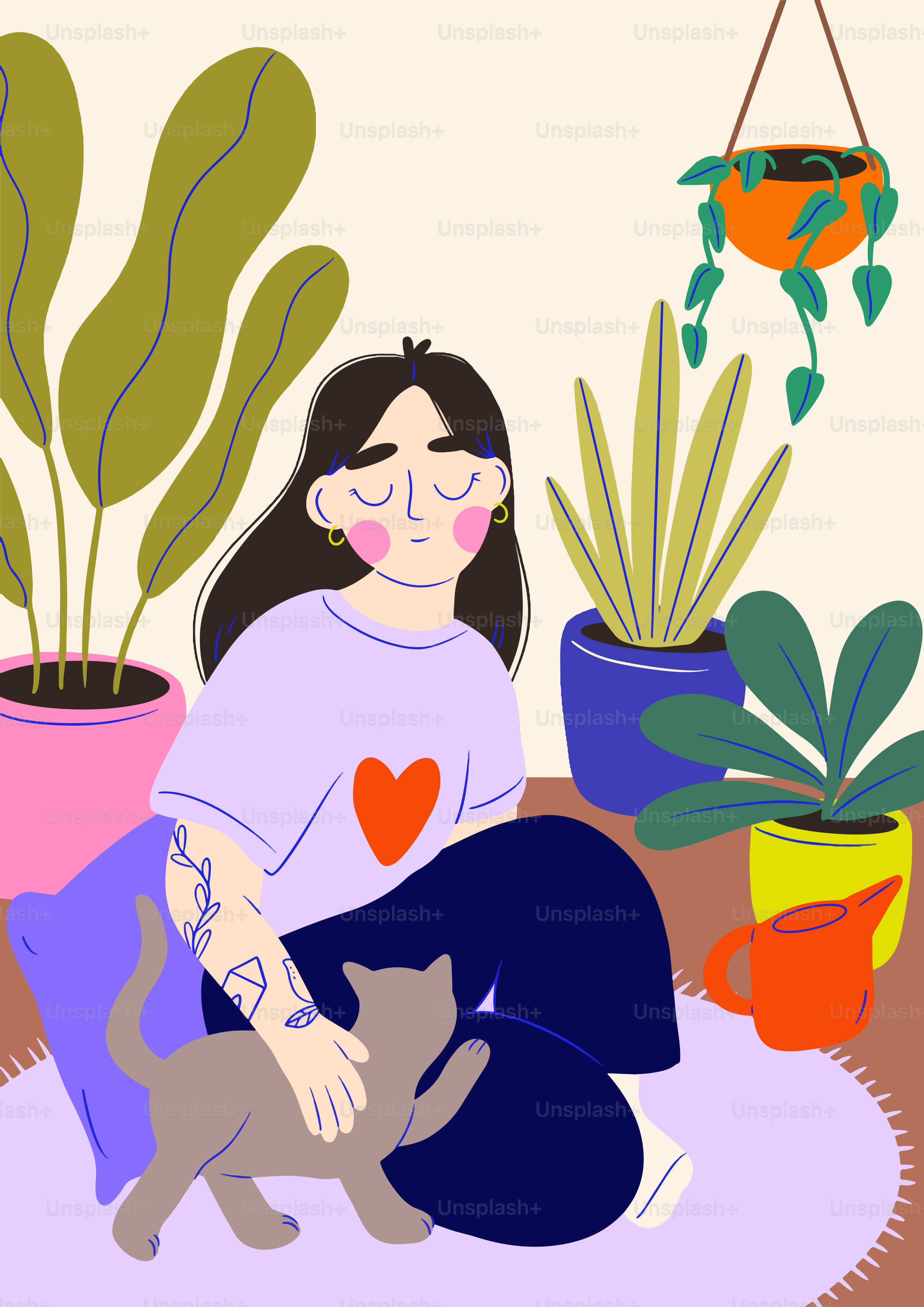 Una donna seduta per terra con un gatto accanto a piante in vaso