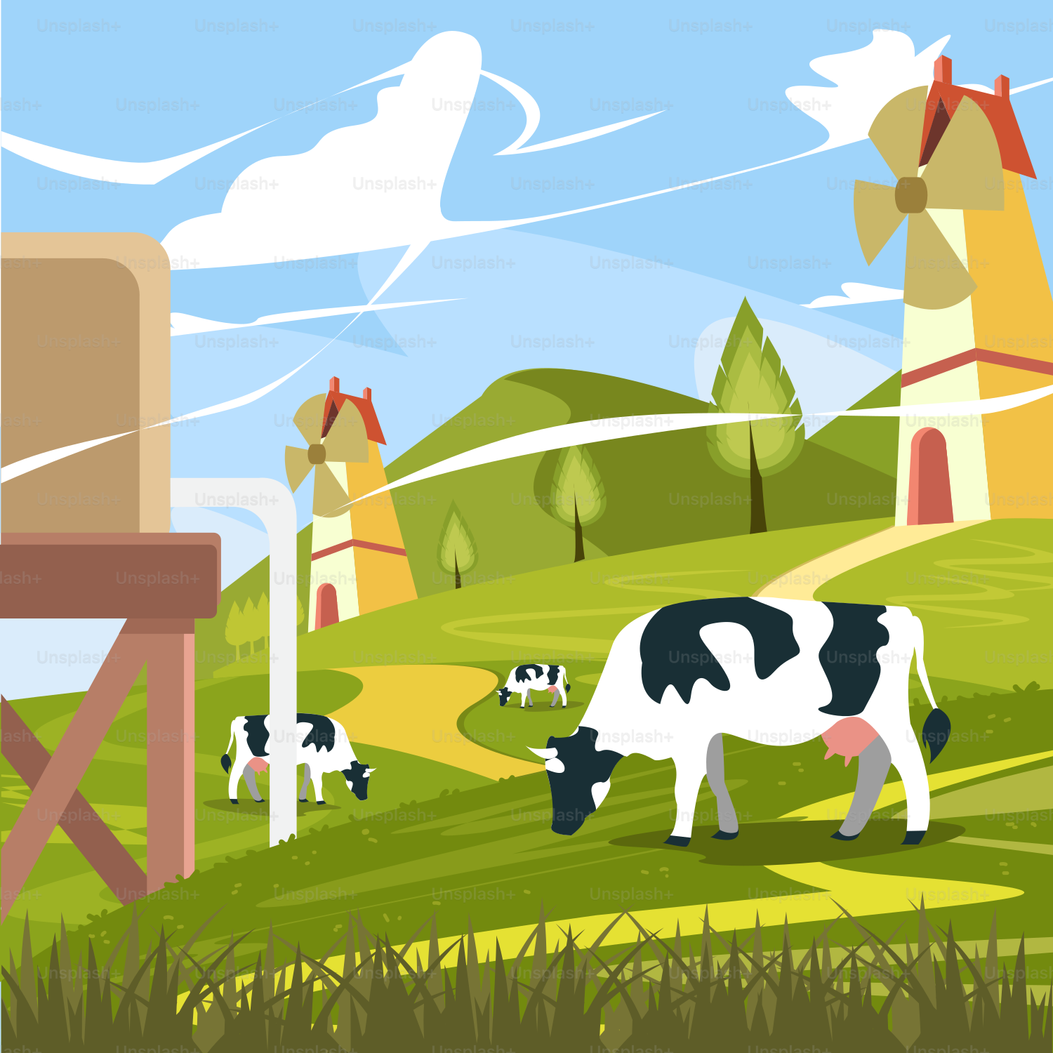 A painting of cows grazing in a field