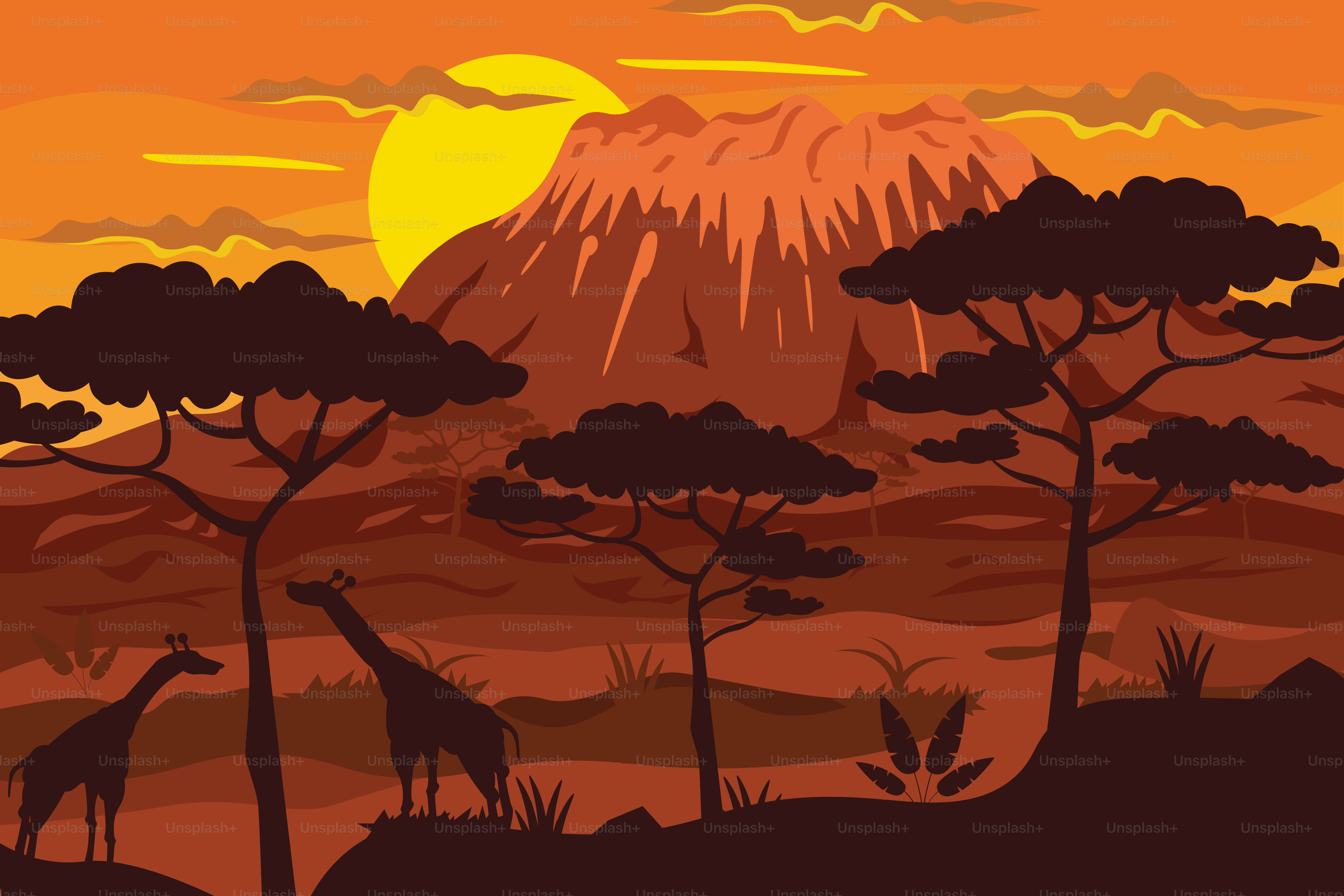 A giraffe and a giraffe standing in front of a mountain