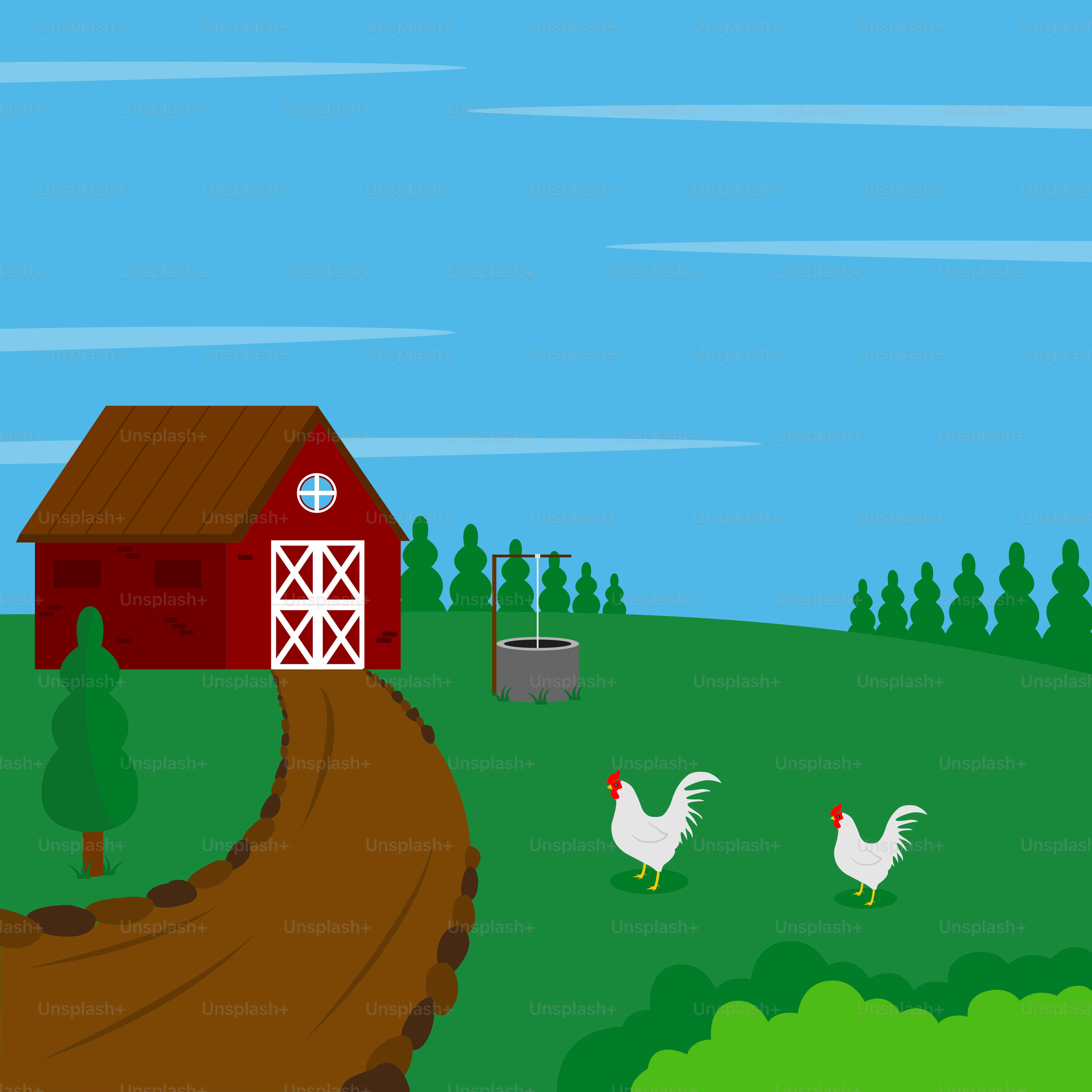 A farm scene with chickens and a barn