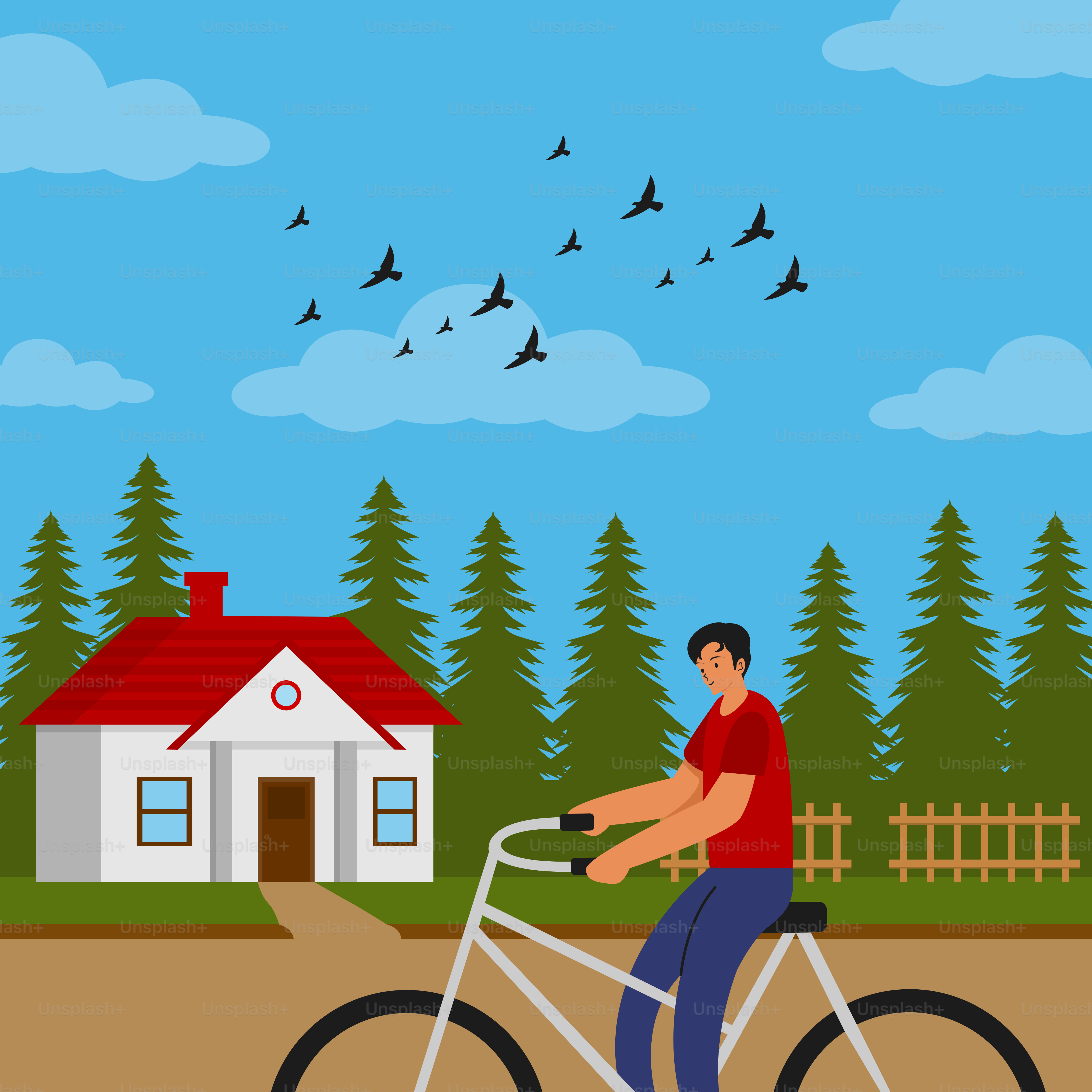 A man riding a bike down a street next to a house