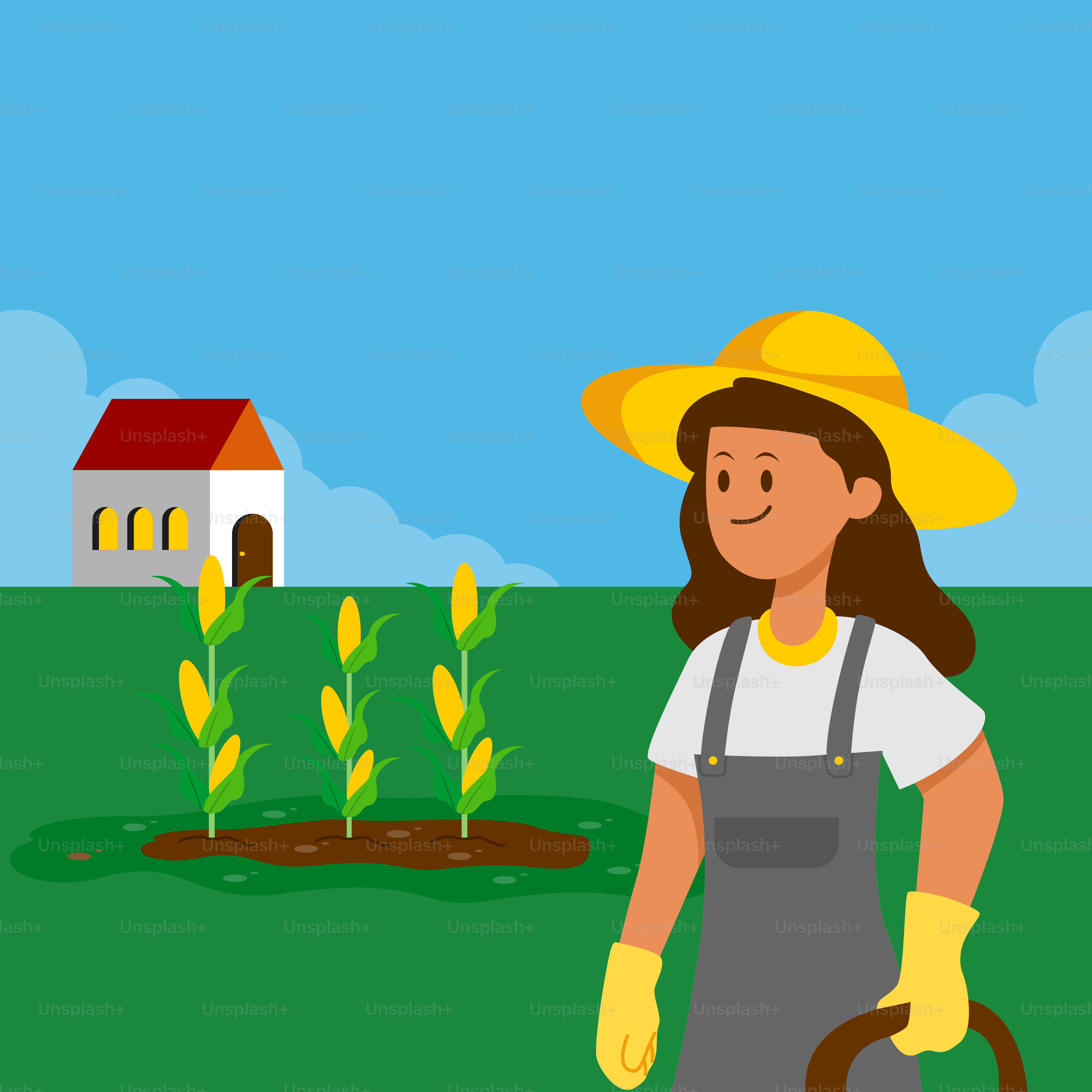 A woman in a yellow hat is standing in a field