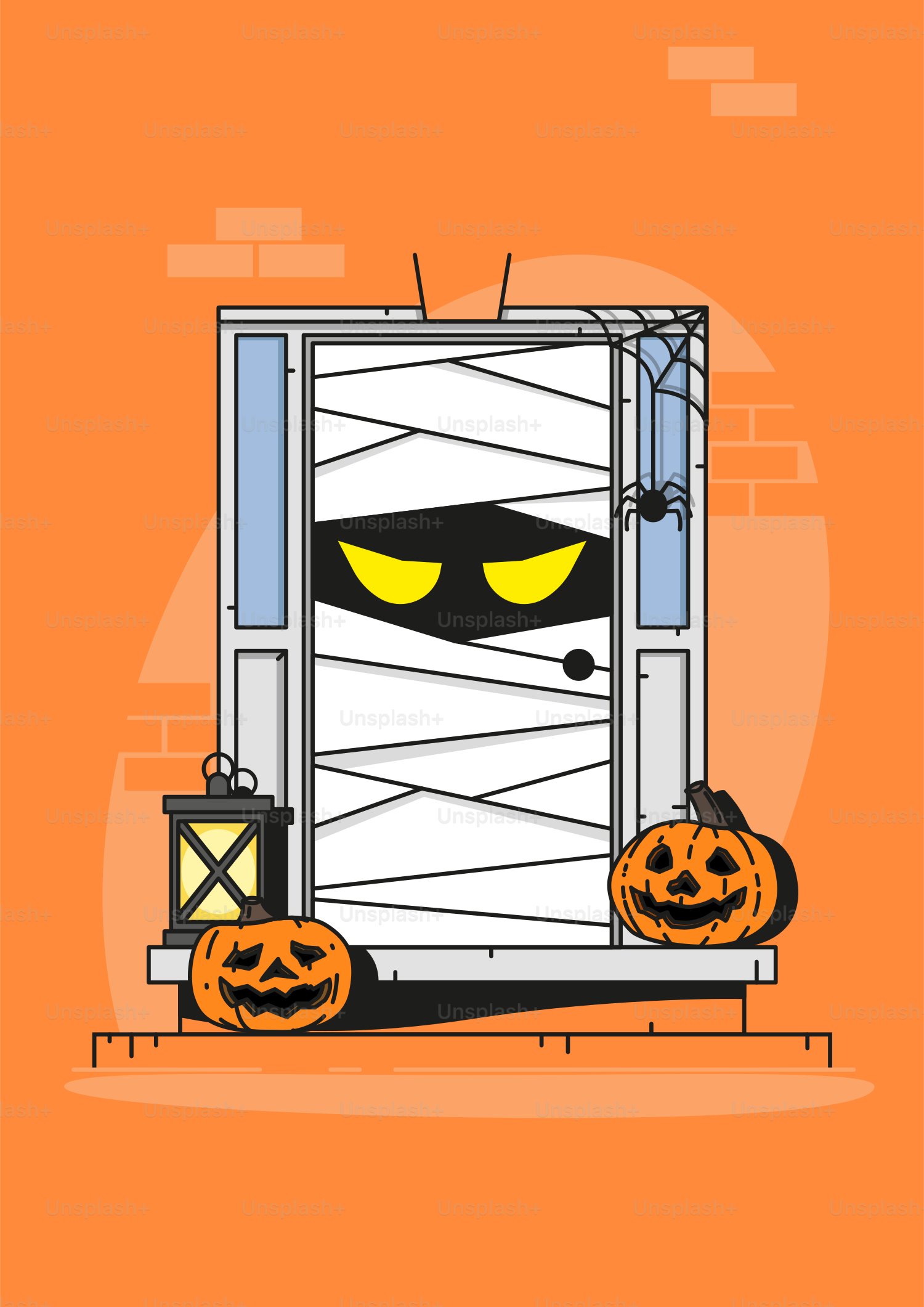 A door with a black cat and two jack - o - lanterns