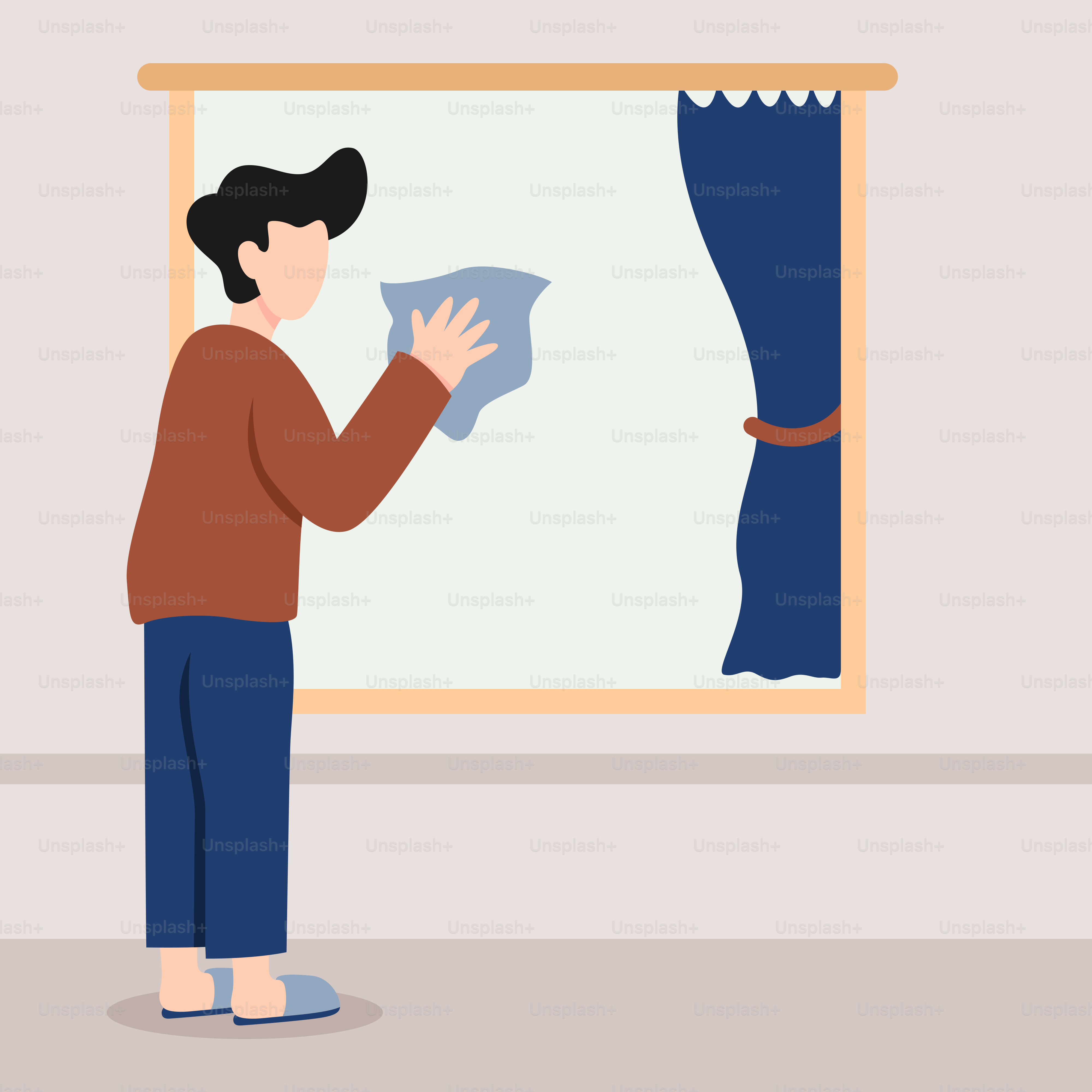 A woman is cleaning a window with a rag