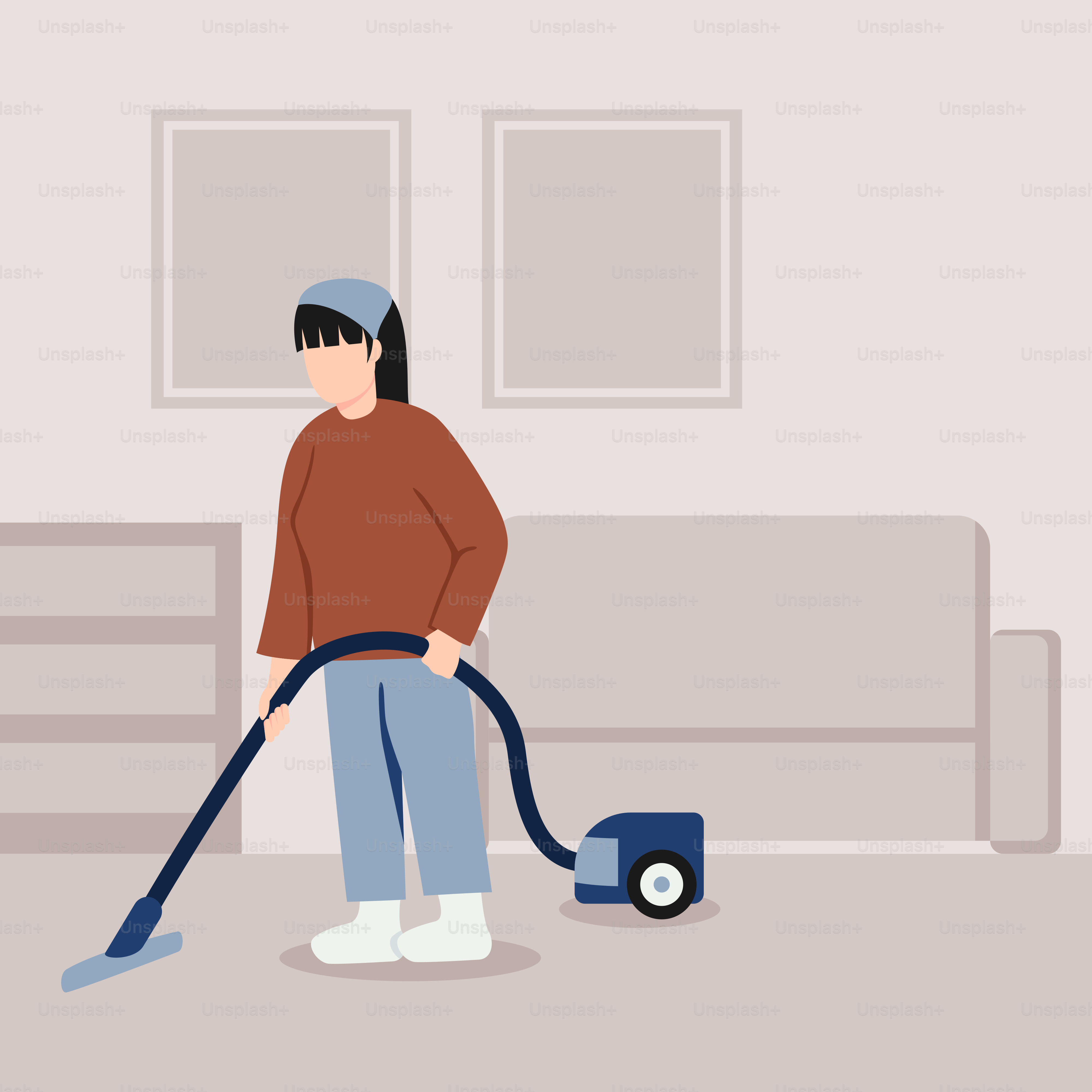 A woman using a vacuum to clean a living room
