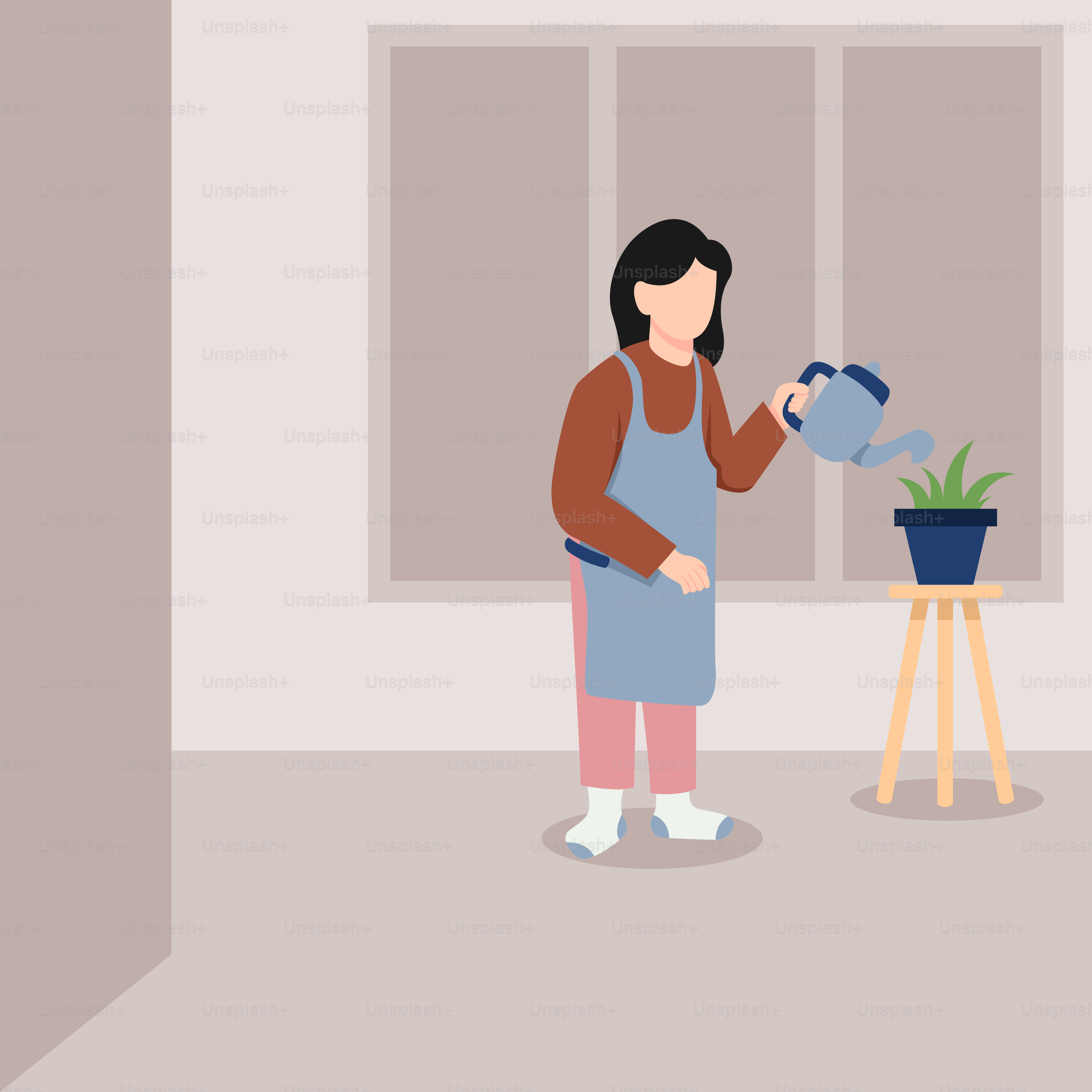 A woman watering a potted plant in a room