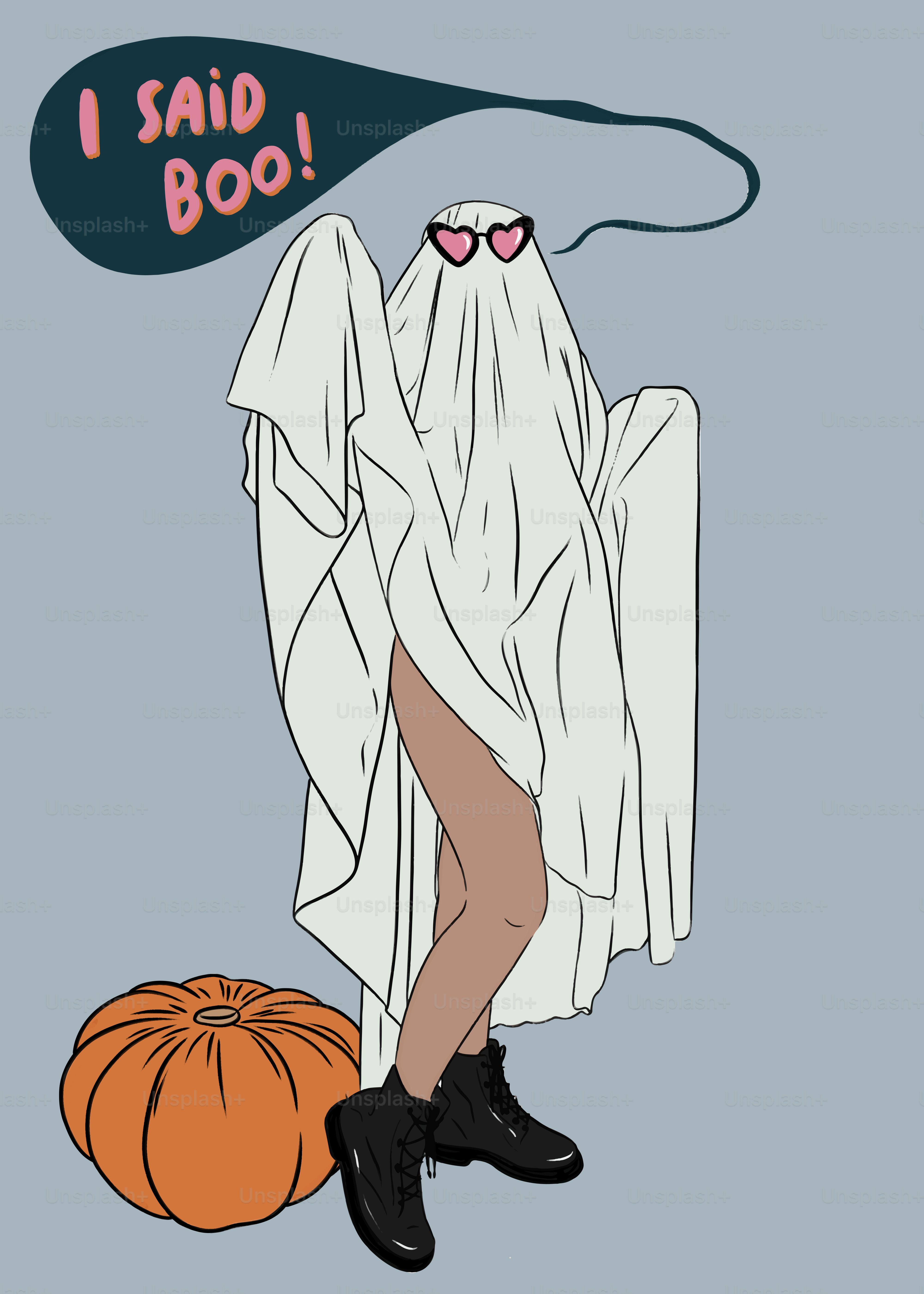 A woman in a ghost costume standing next to a pumpkin