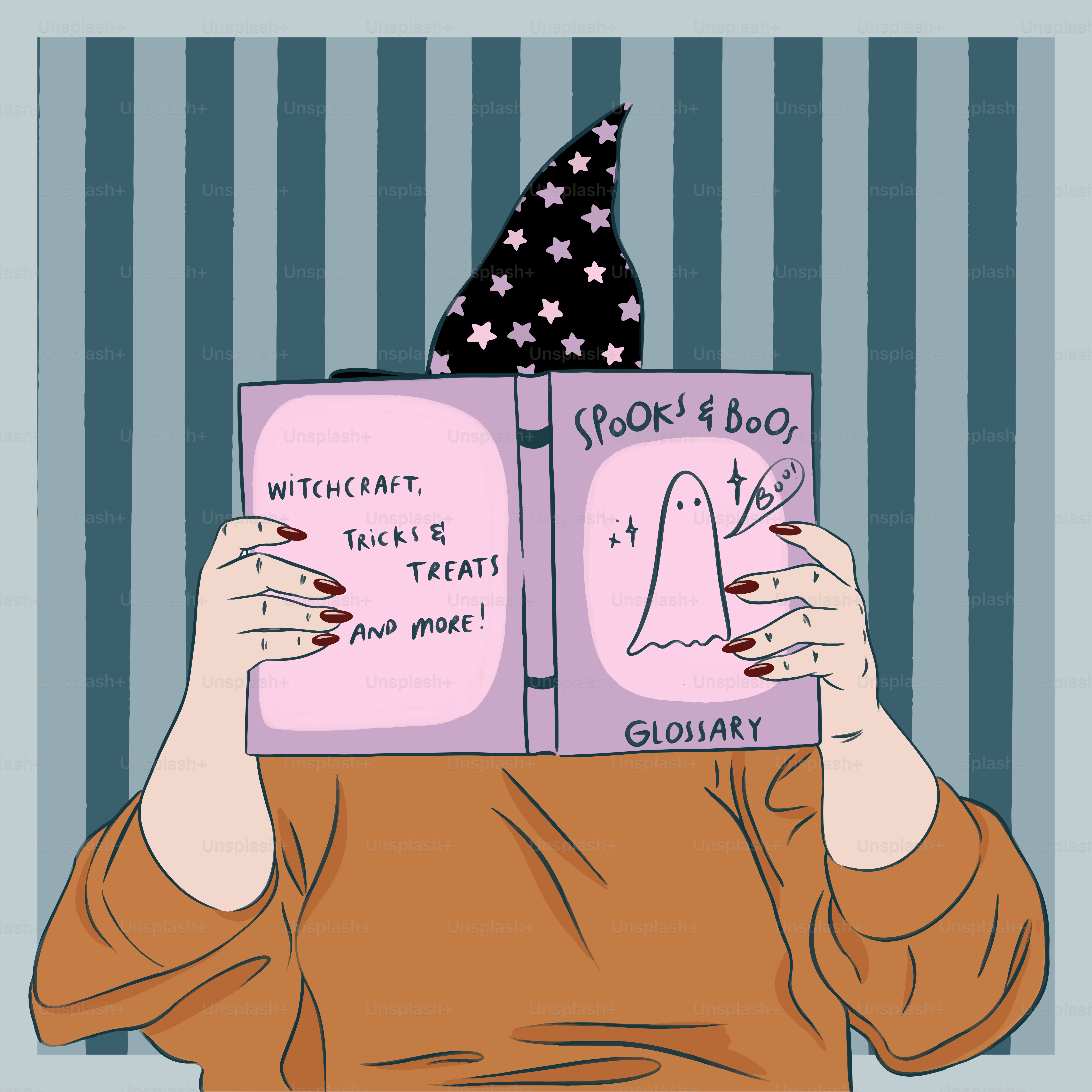 A woman holding a book with a witches hat on top of it