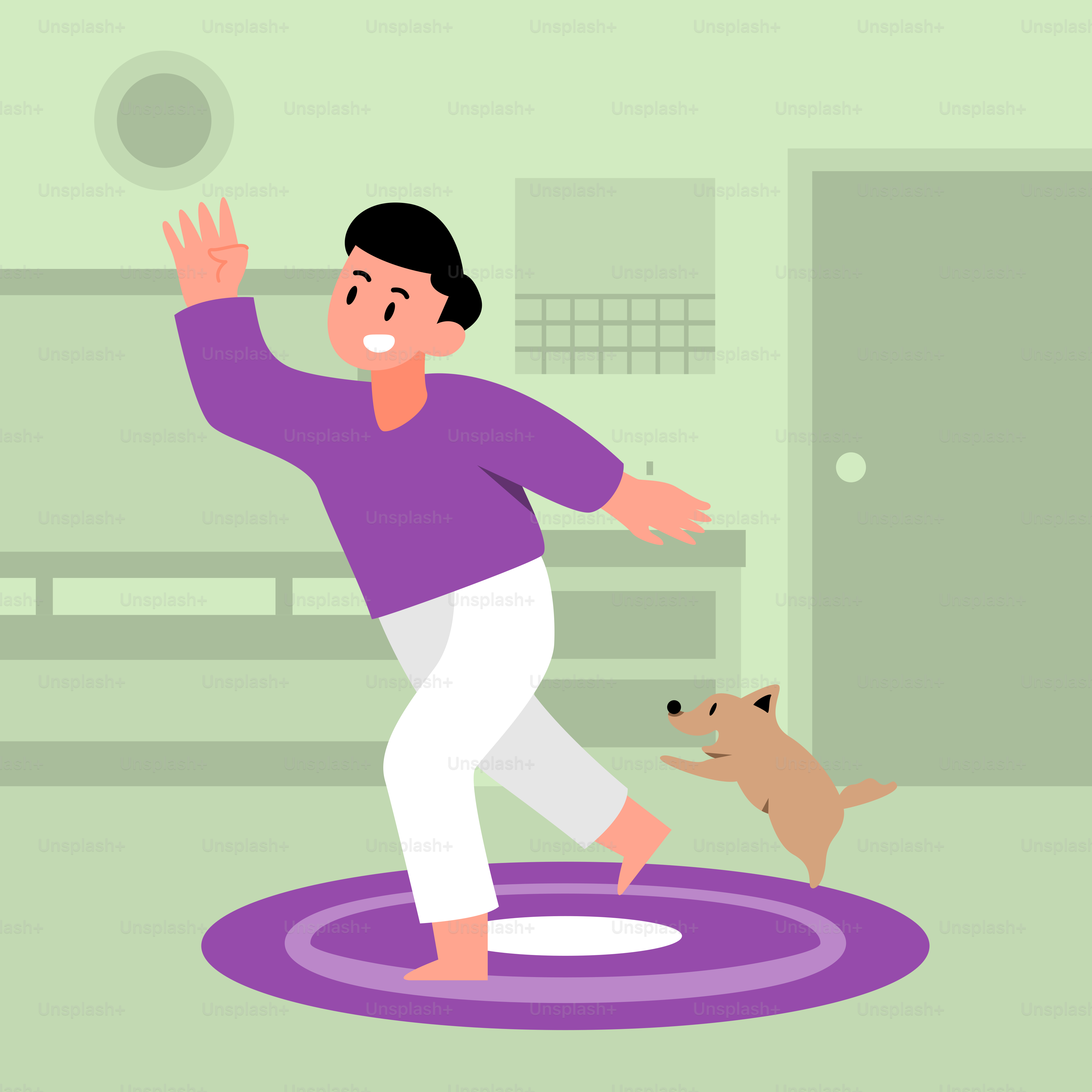A man is playing with a dog in a room