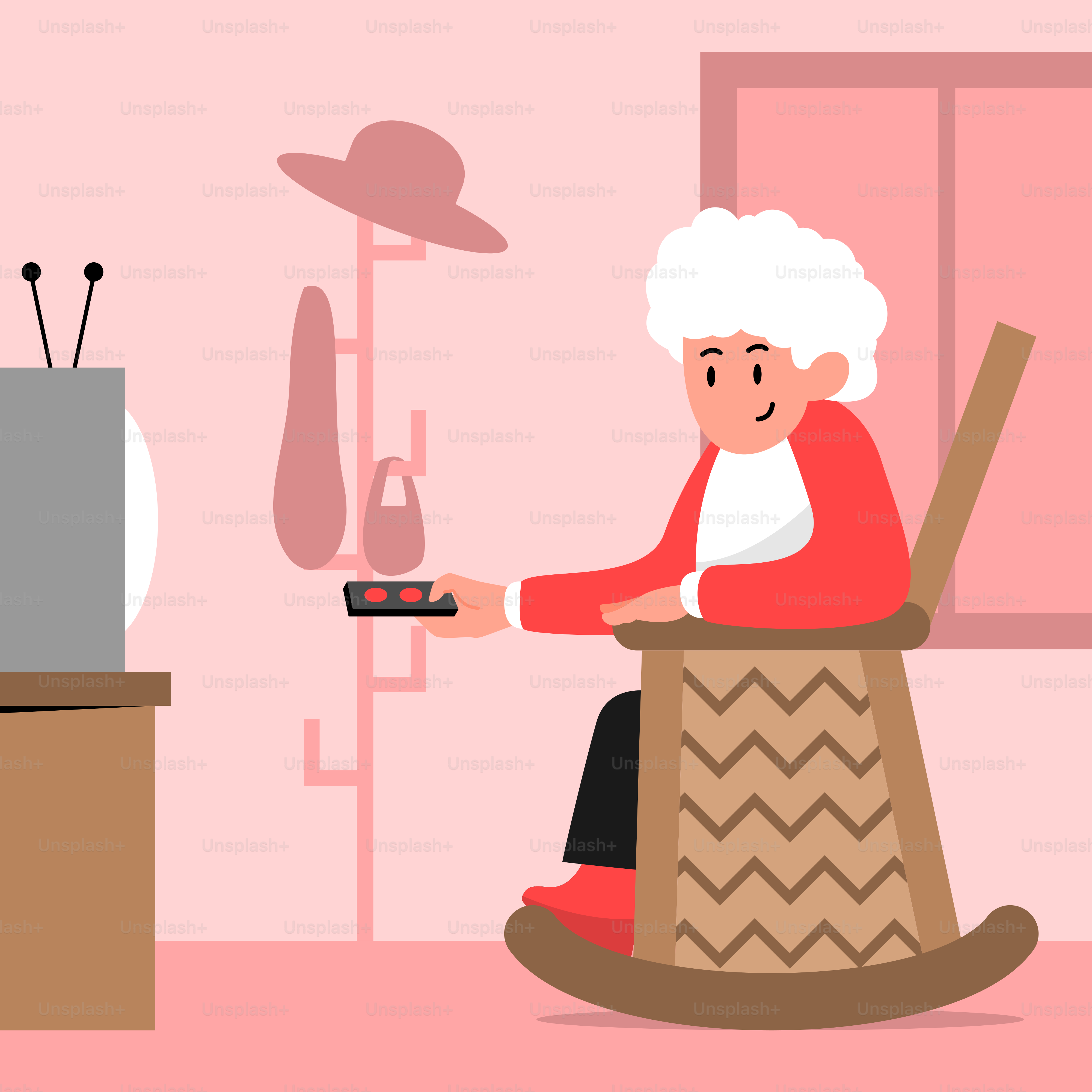 An old woman sitting in a rocking chair watching TV