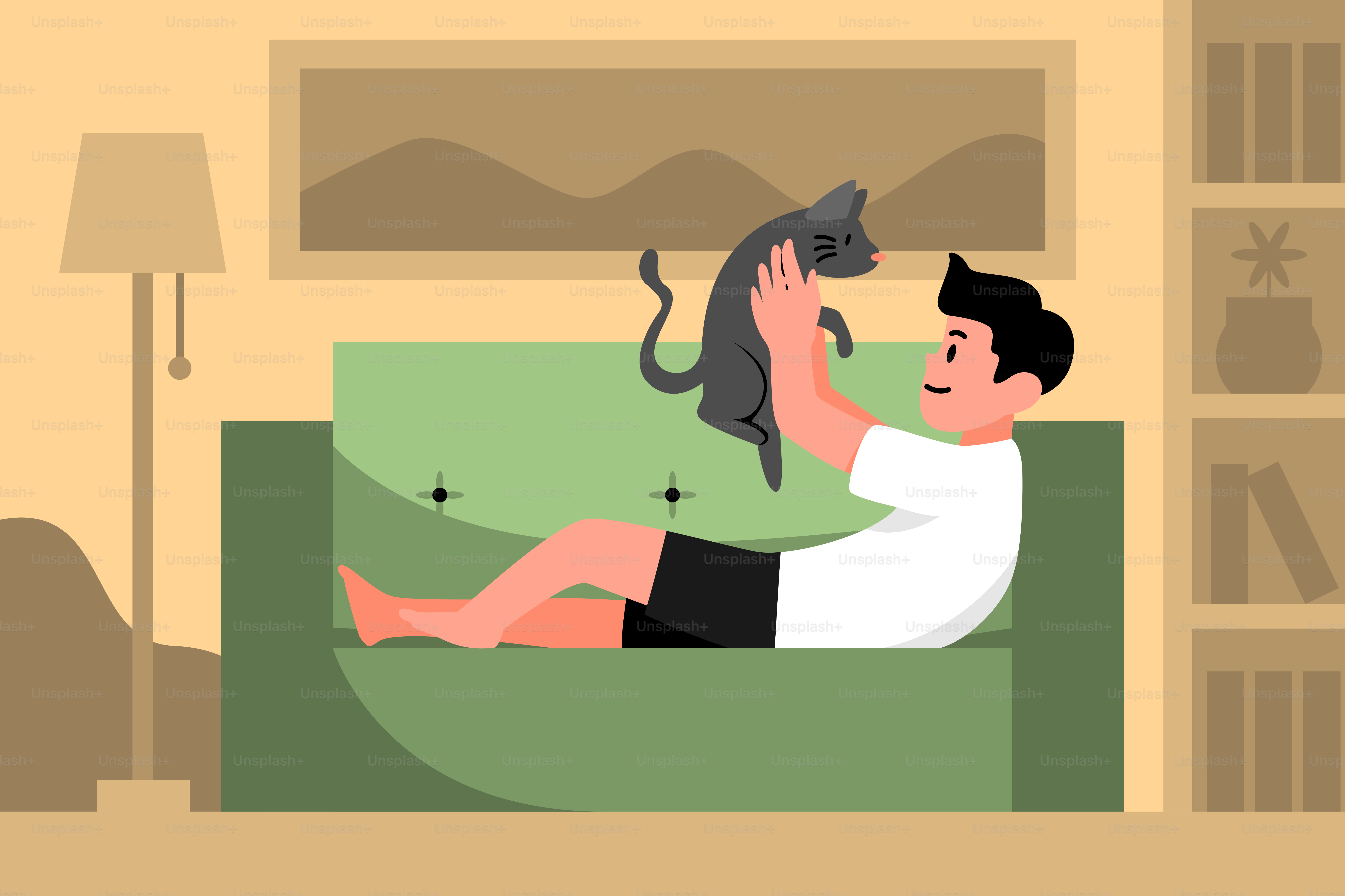 Ein Mann, der auf einer Couch sitzt und eine Katze hält
