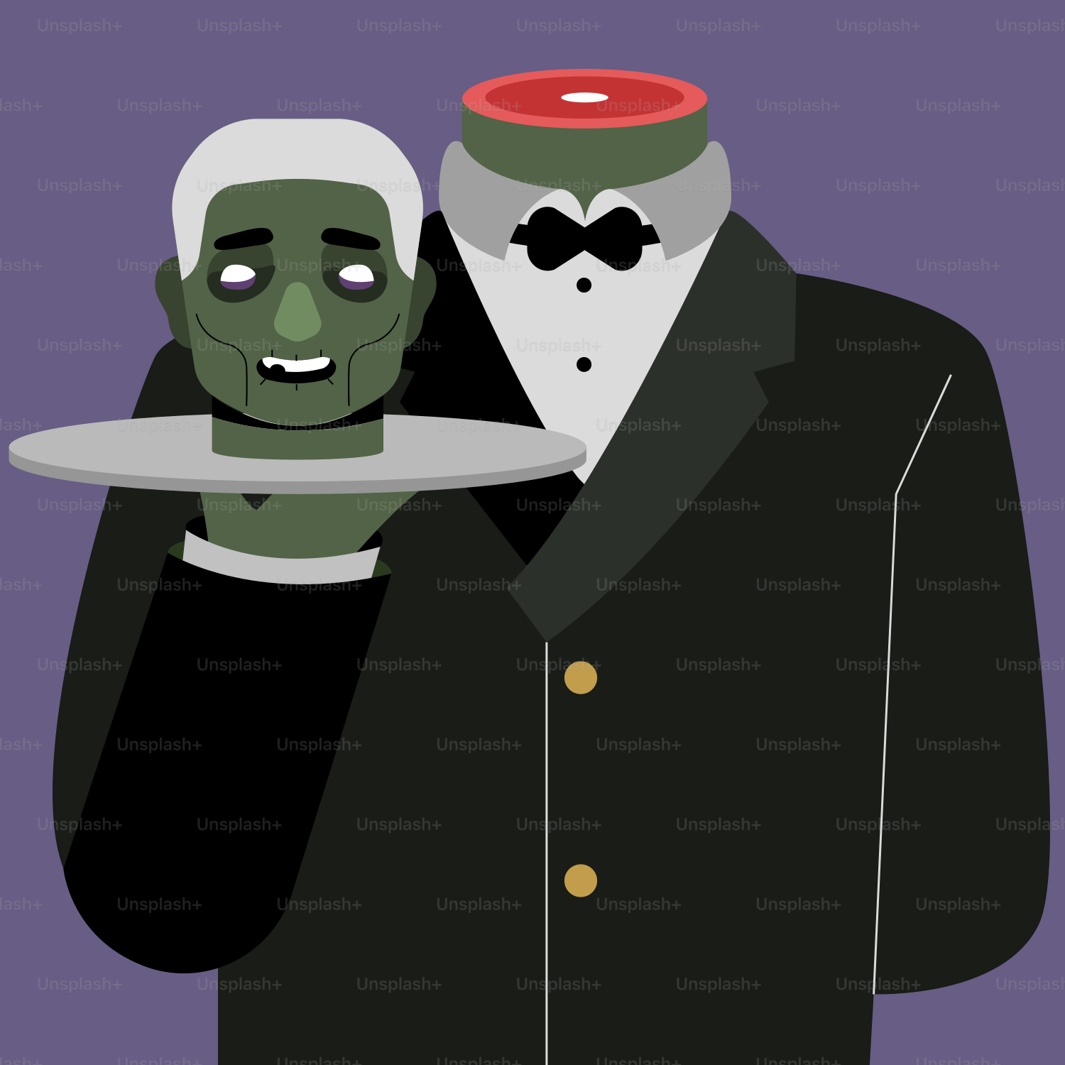 A man in a tuxedo holding a plate with a zombie on it