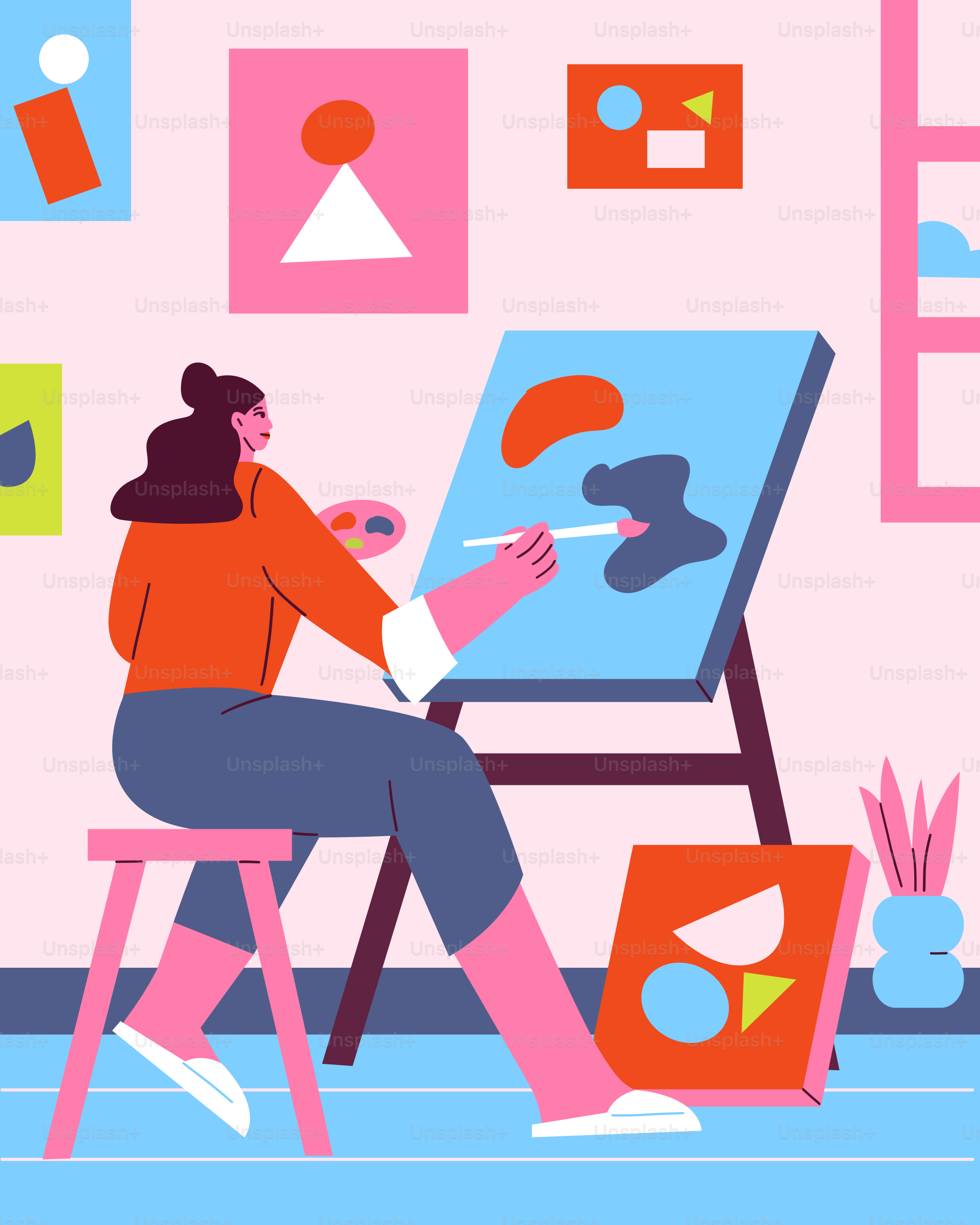 A woman is painting a picture on a easel