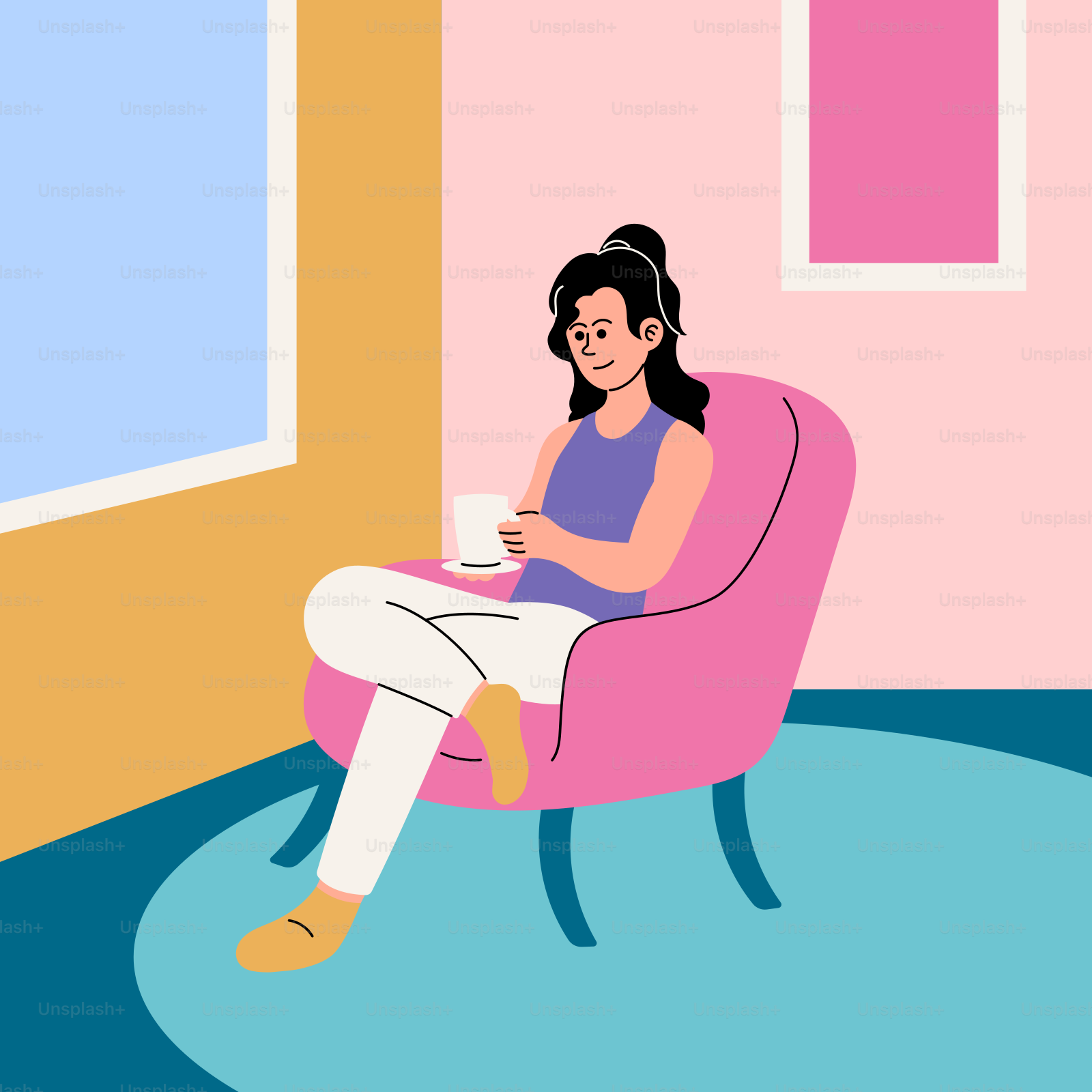 Una mujer sentada en una silla rosa en una habitación