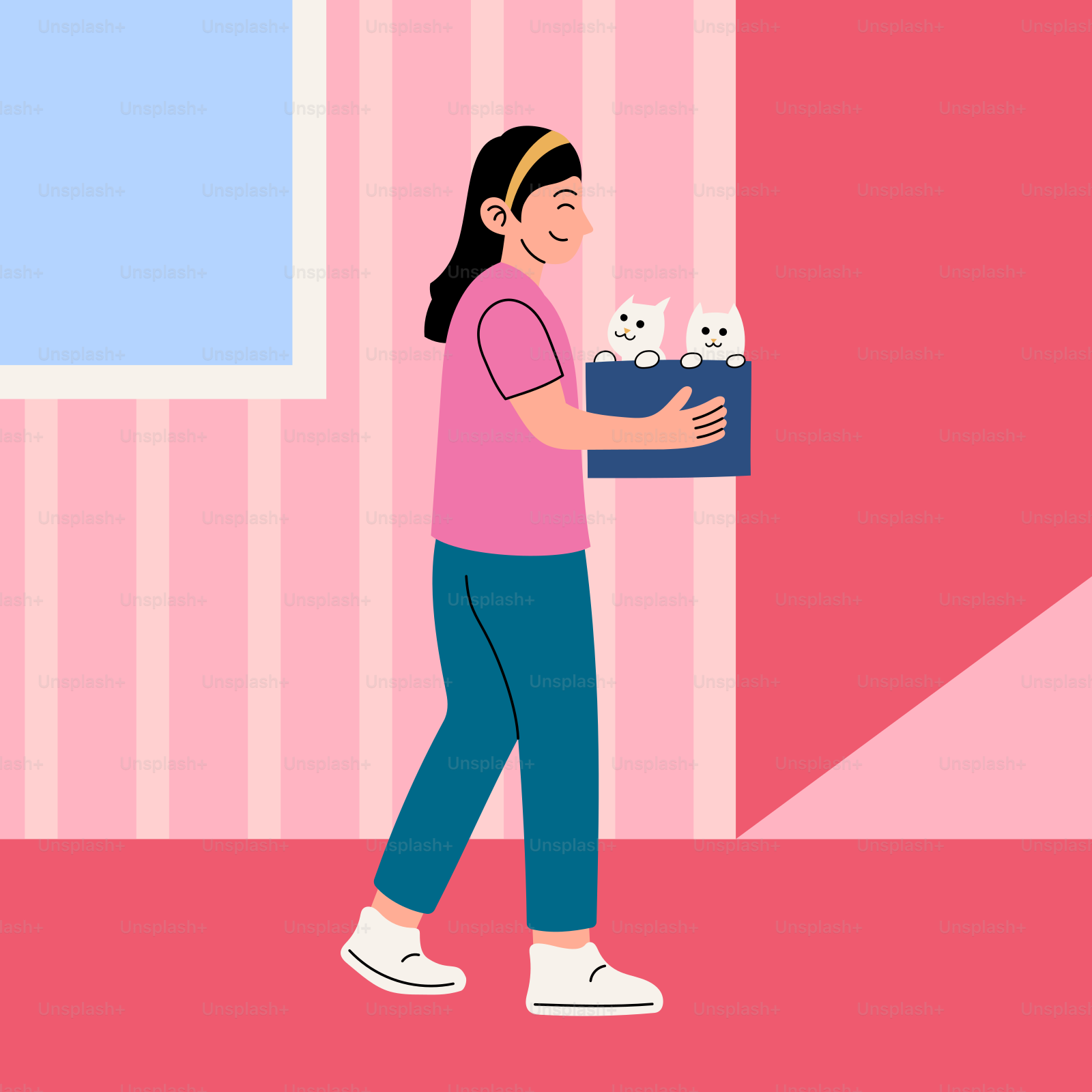 A woman carrying a box with cats in it