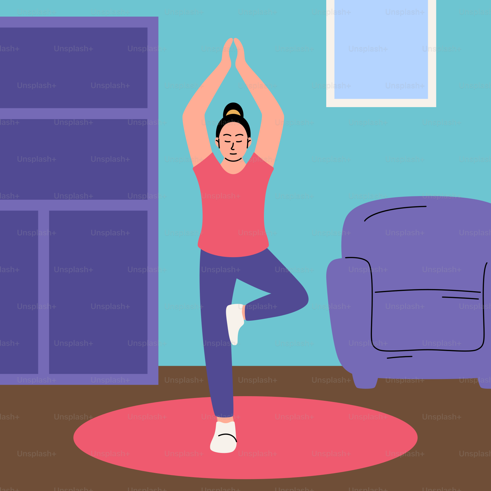 A woman is doing yoga in a living room
