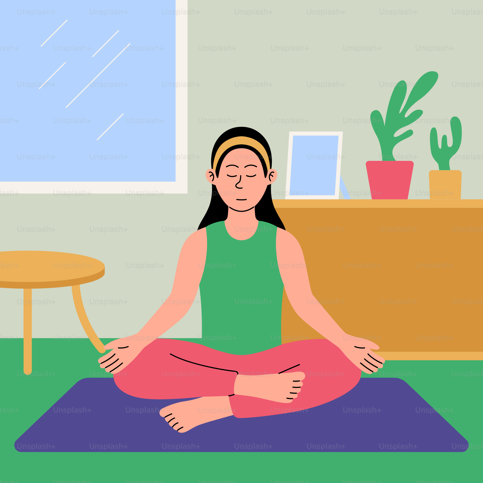 A woman sitting in a yoga position in a living room