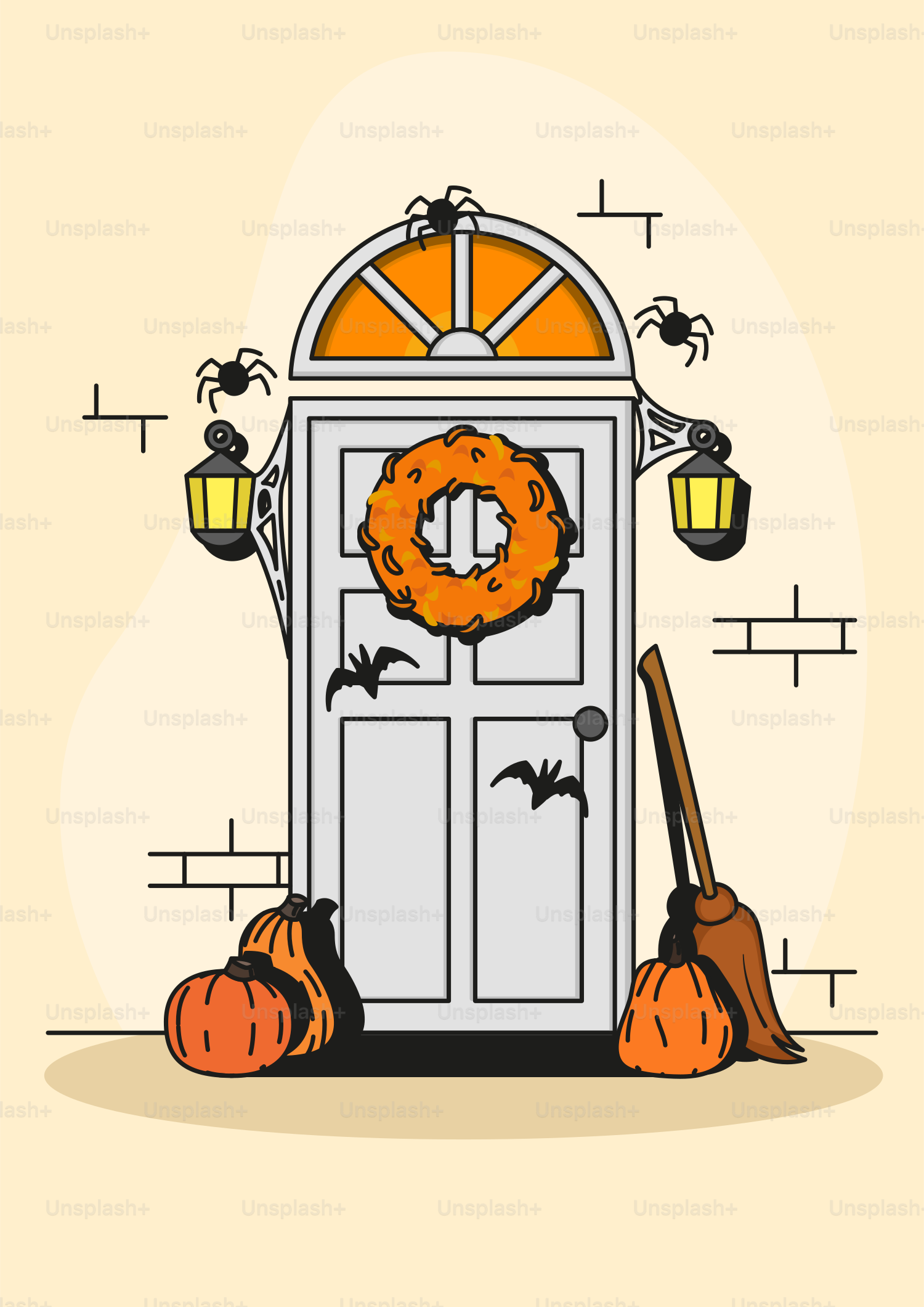 A white door with a wreath and a broom