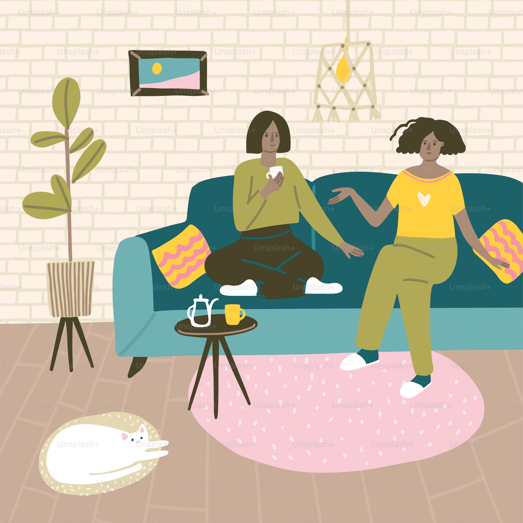 Two women sitting on a couch in a living room