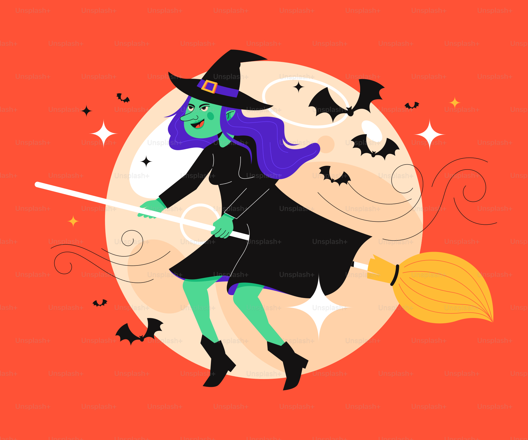 Una bruja volando en una escoba con murciélagos