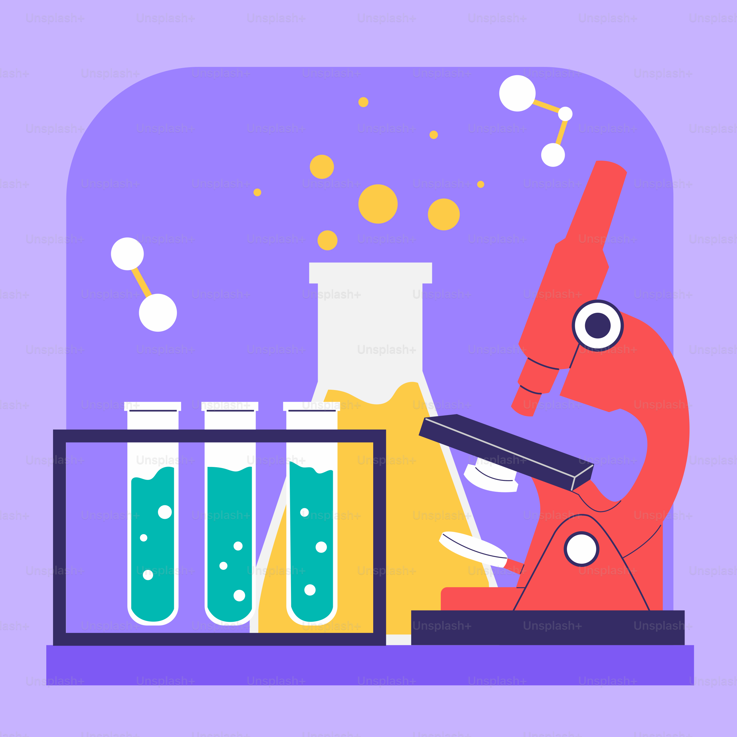 A purple background with a microscope and beakle filled with liquid