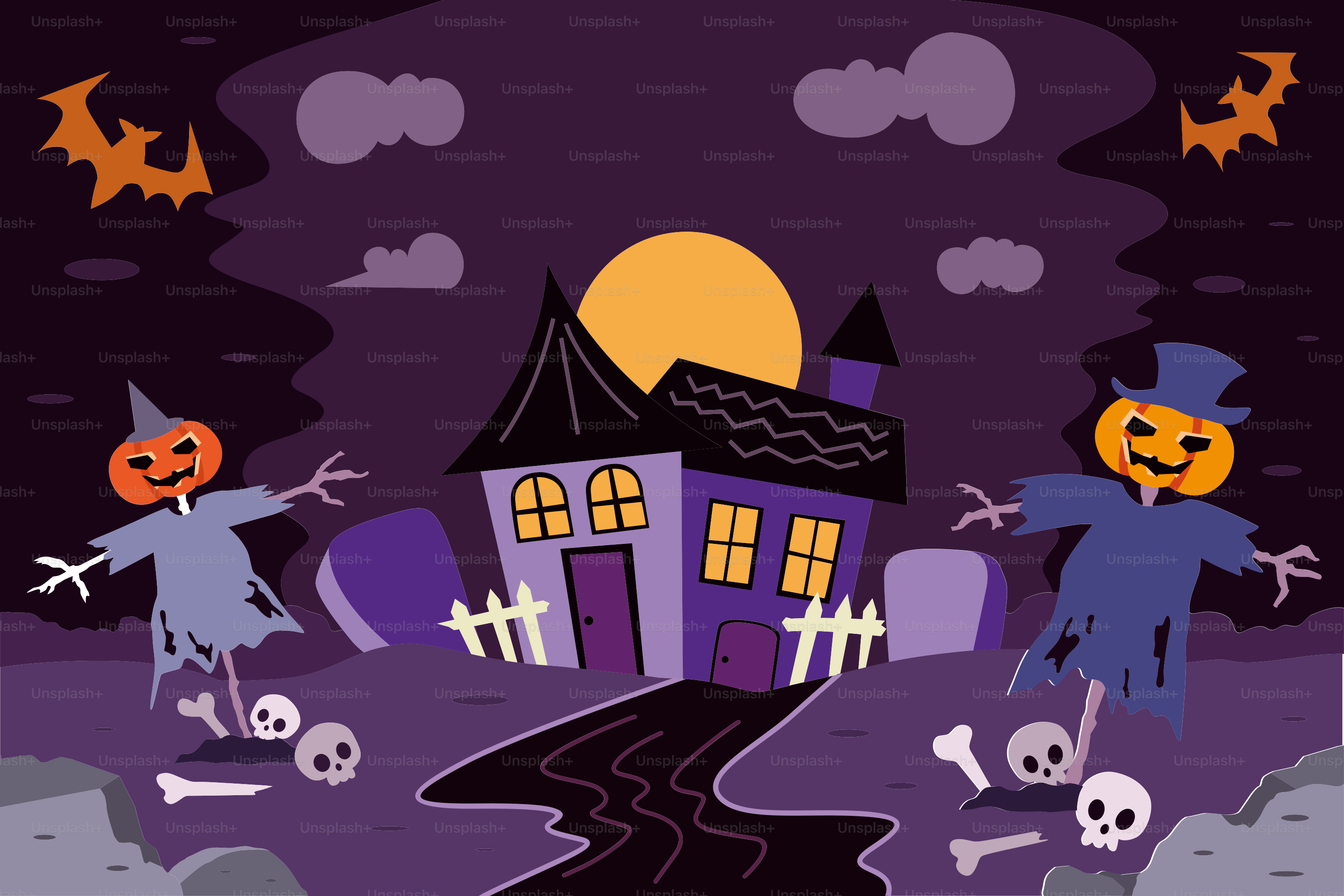 Eine Halloween-Szene mit einem gruseligen Haus und Skeletten