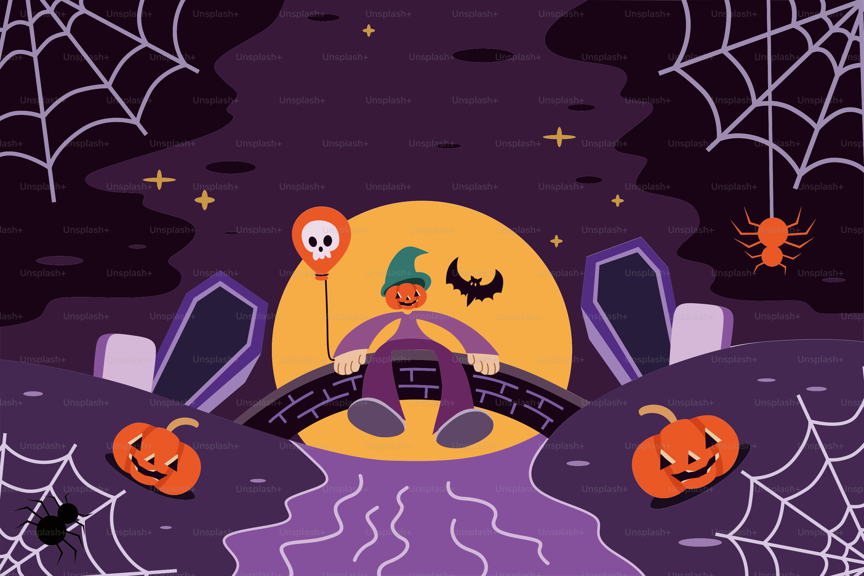 Eine Halloween-Szene mit Kürbissen und einem Spinnennetz