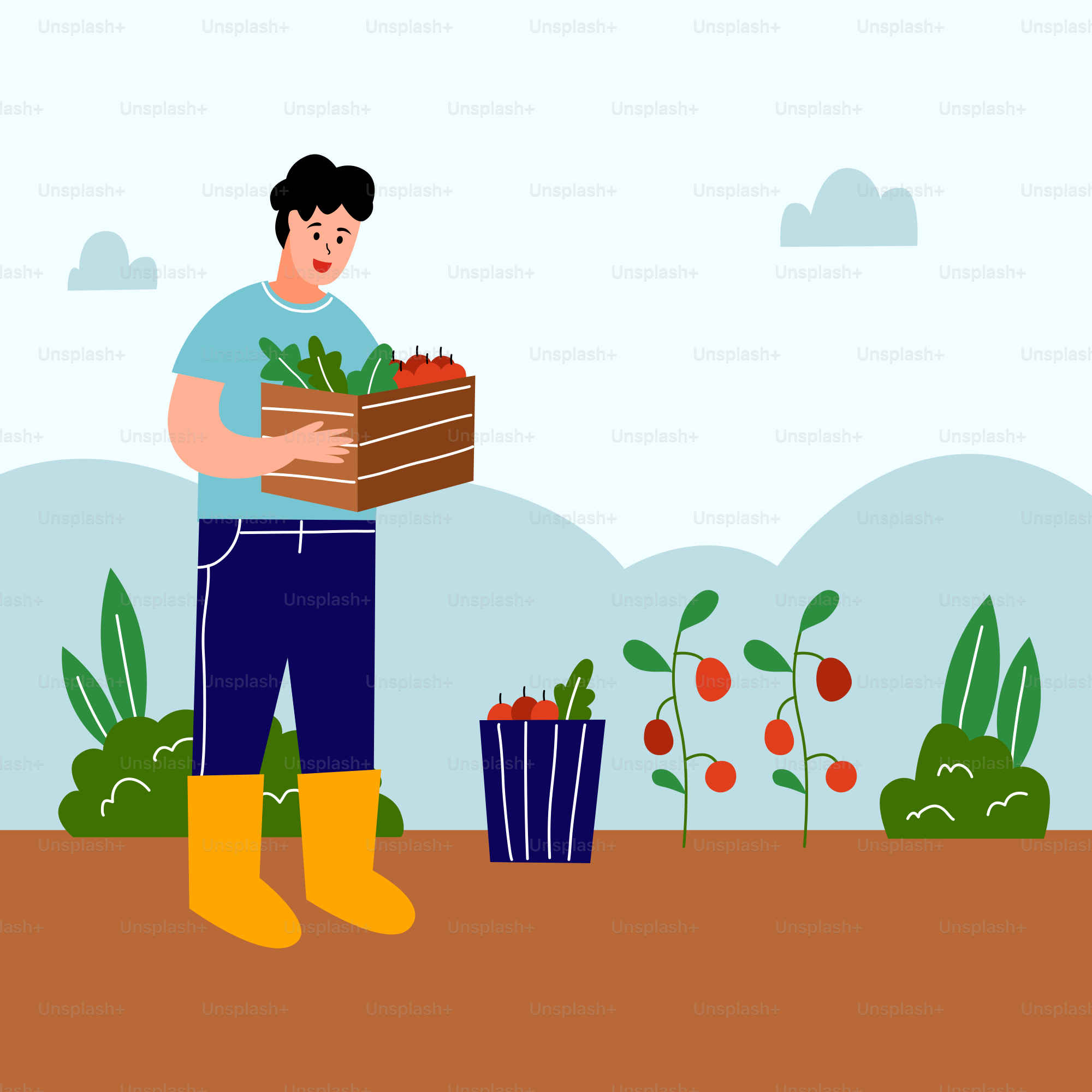 A man holding a box of vegetables in a garden