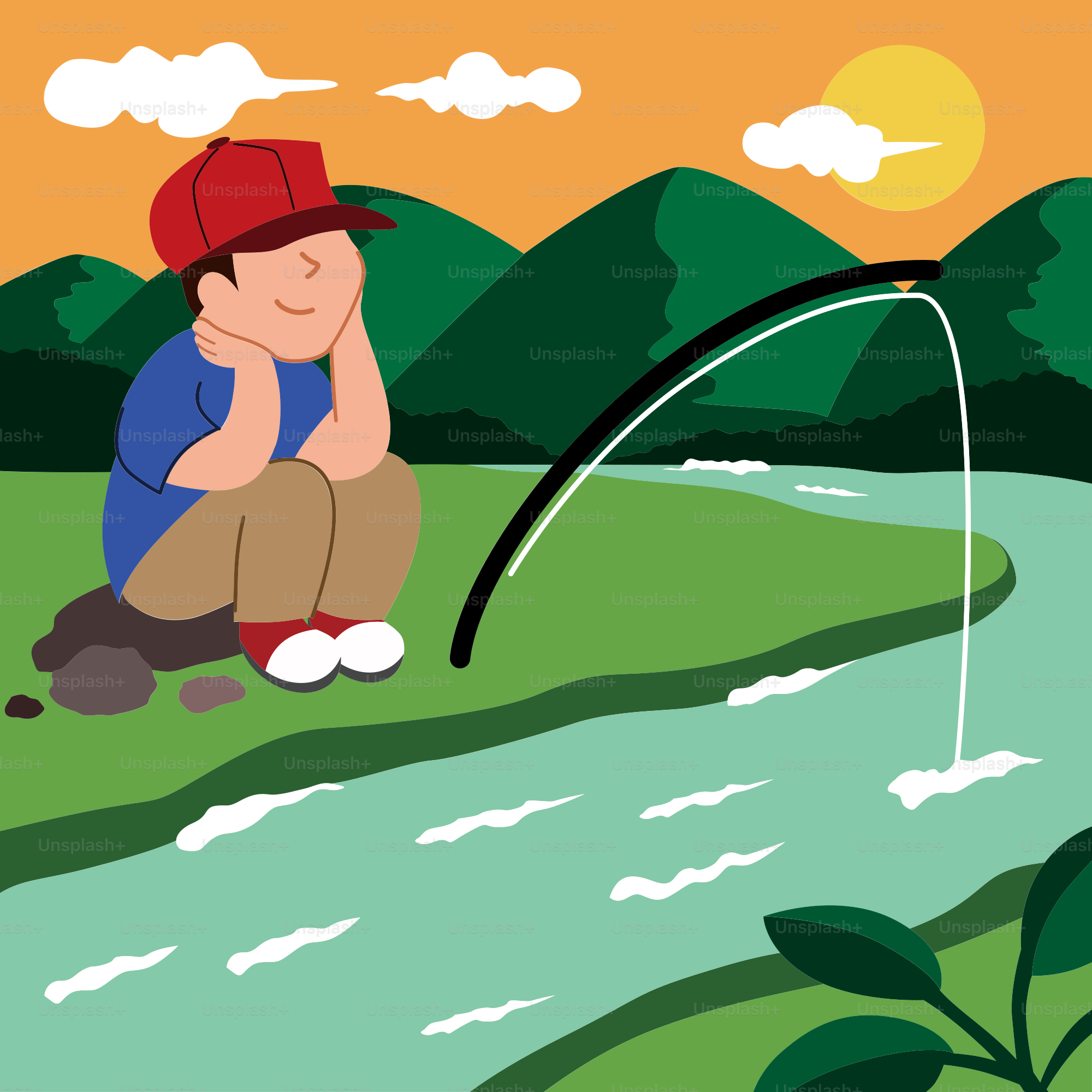 A man sitting on the ground next to a river