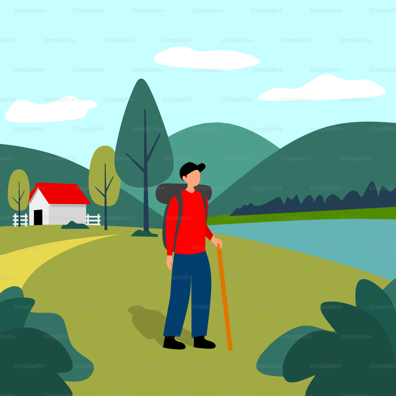 A man with a backpack is standing on a path