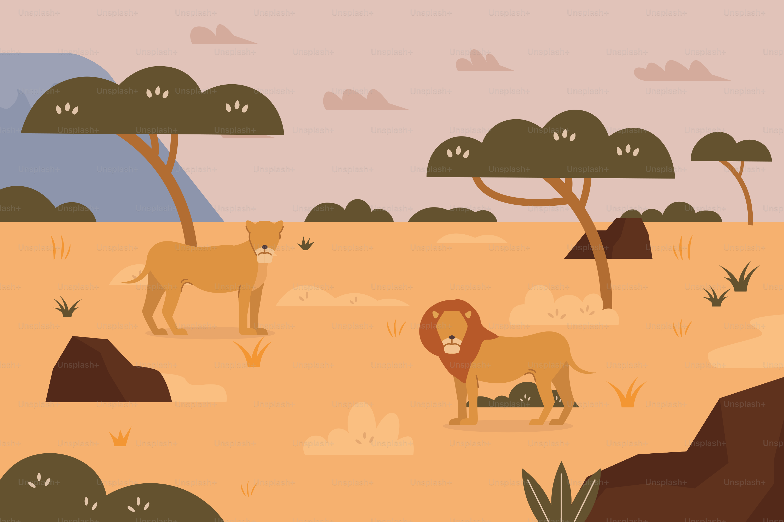 A desert scene with animals and trees
