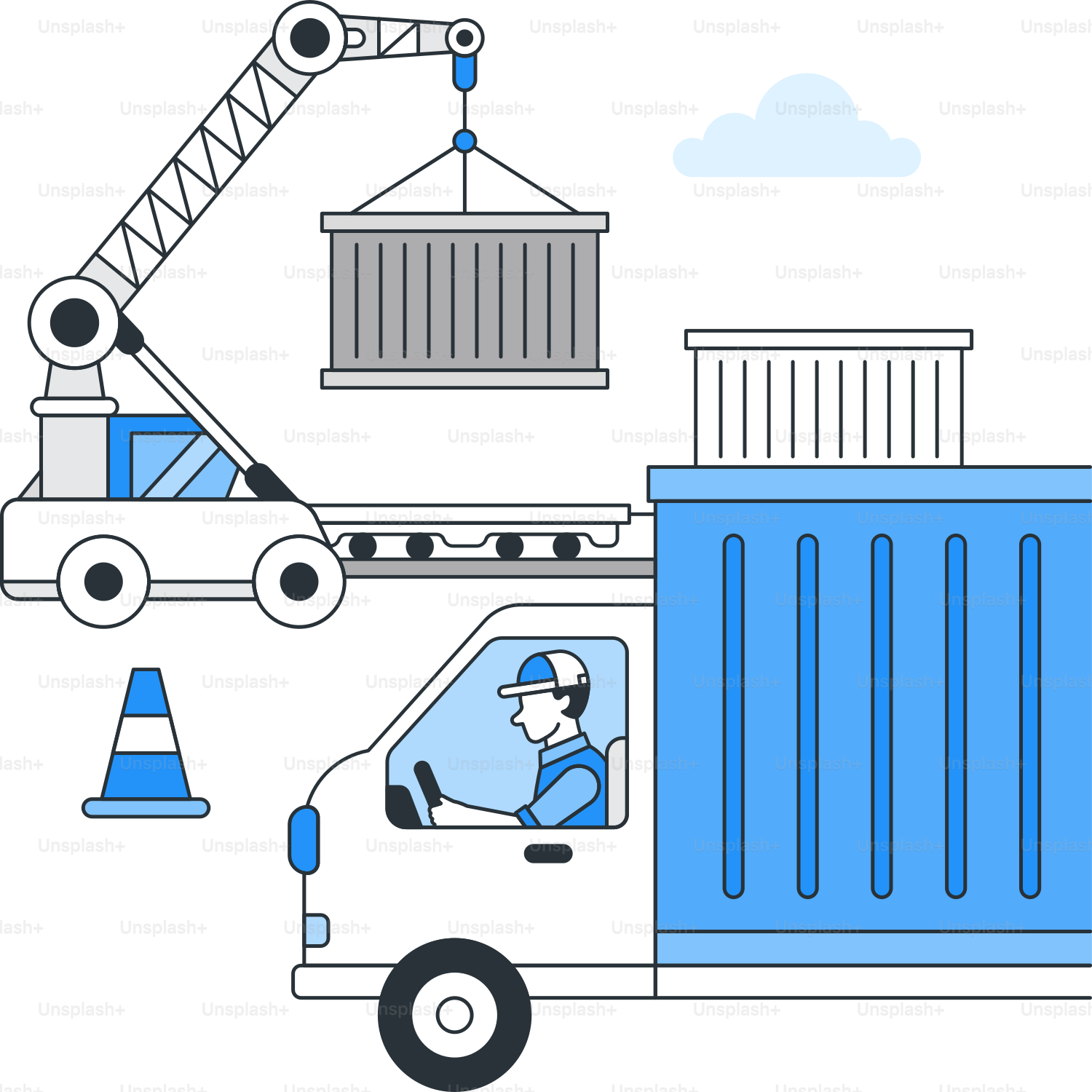 A blue truck with a crane on top of it