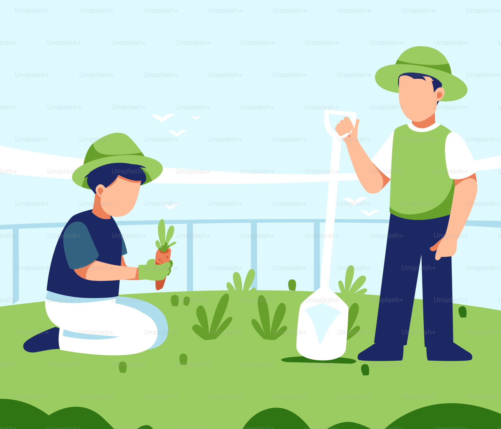 A man kneeling down next to another man holding a plant