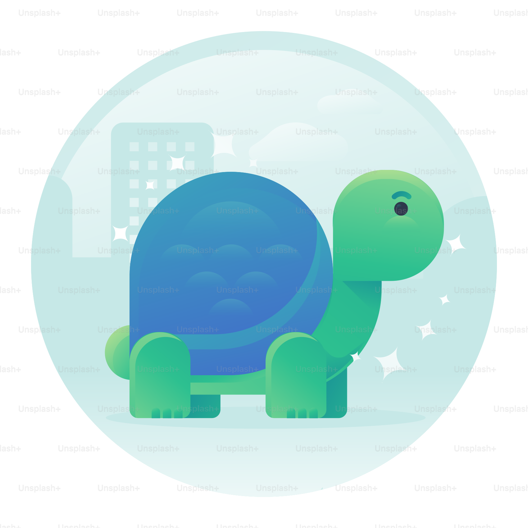 A blue and green turtle sitting on top of a white background