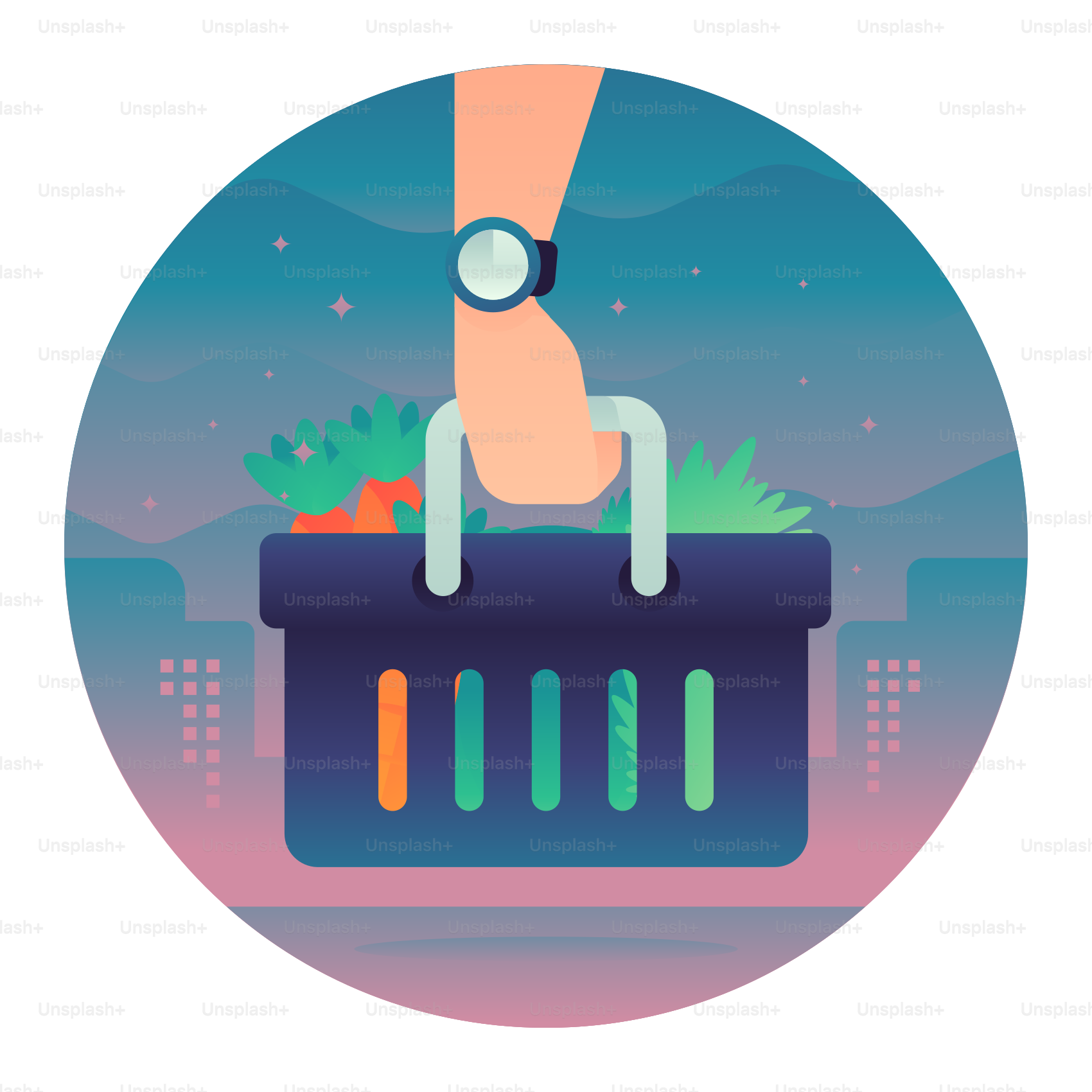 Tangan seseorang dengan jam tangan di pergelangan tangan mereka memegang sekeranjang sayuran