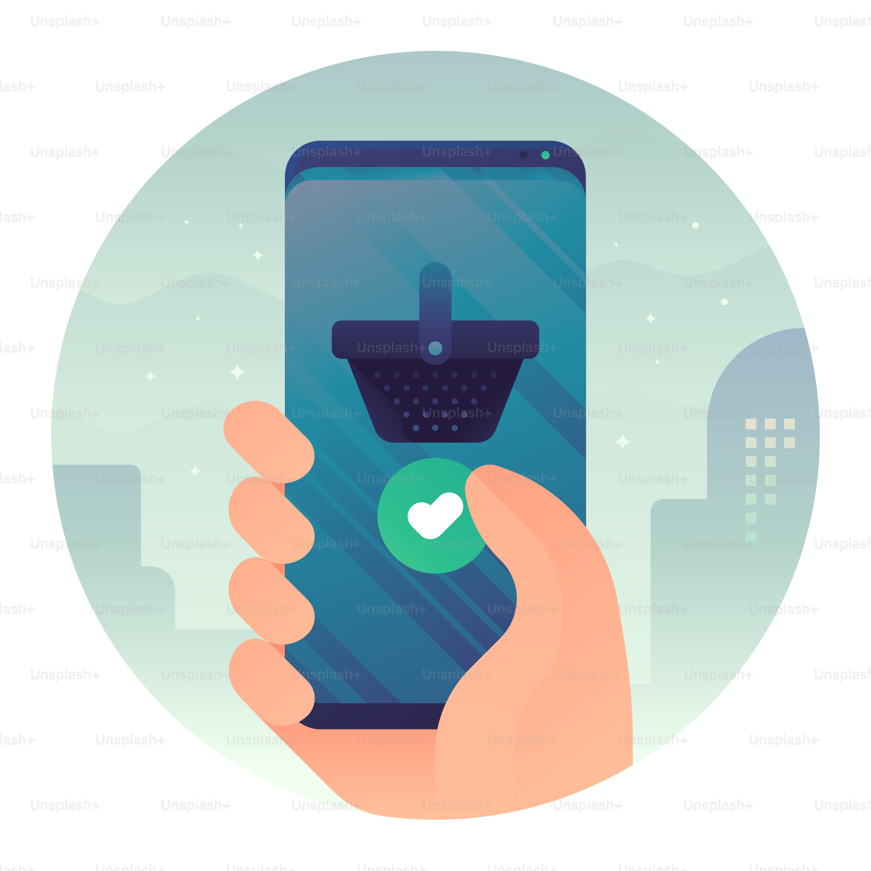 화면에 하트가 그려진 스마트폰을 들고 있는 손