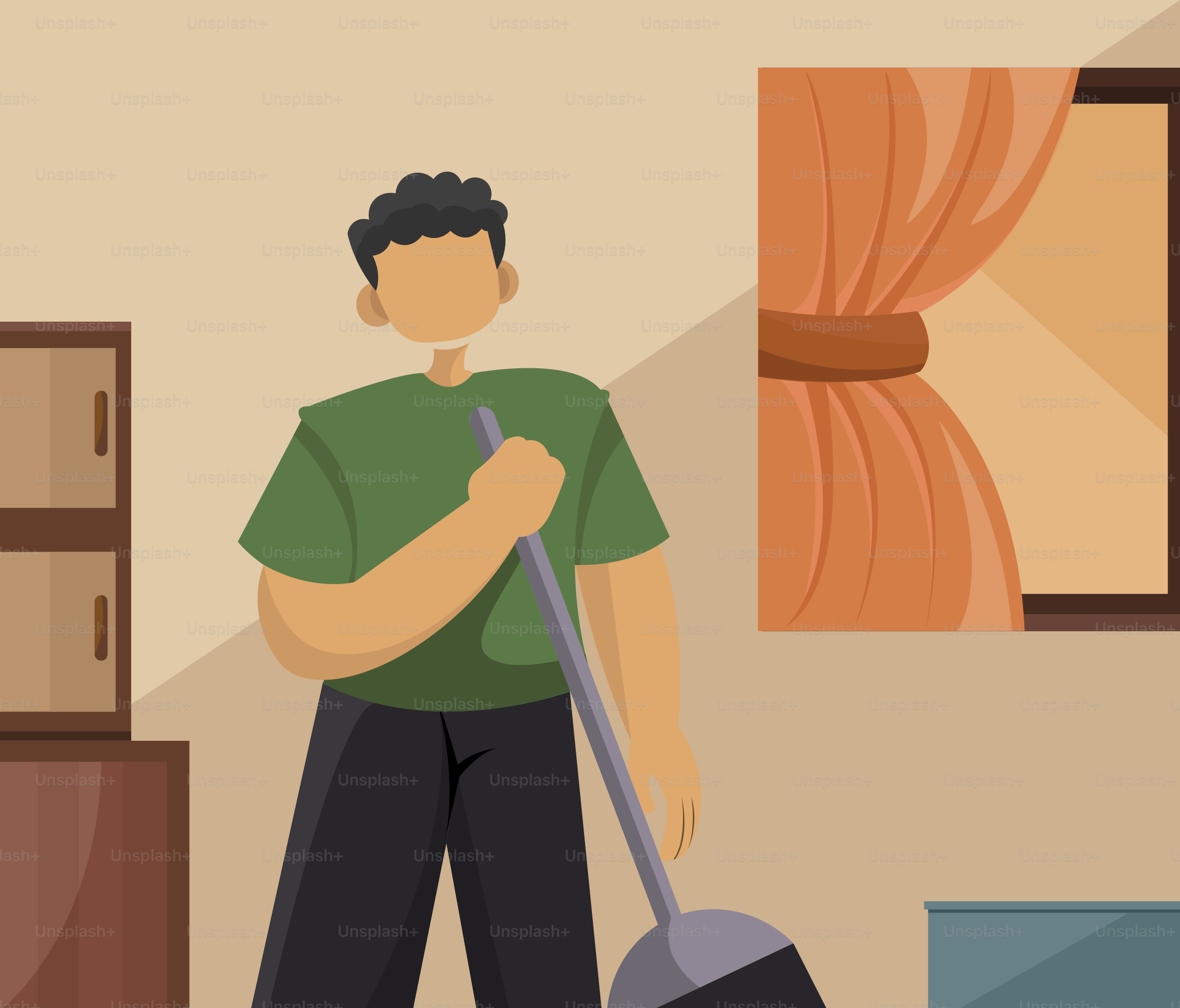 A man standing in a living room holding a vacuum