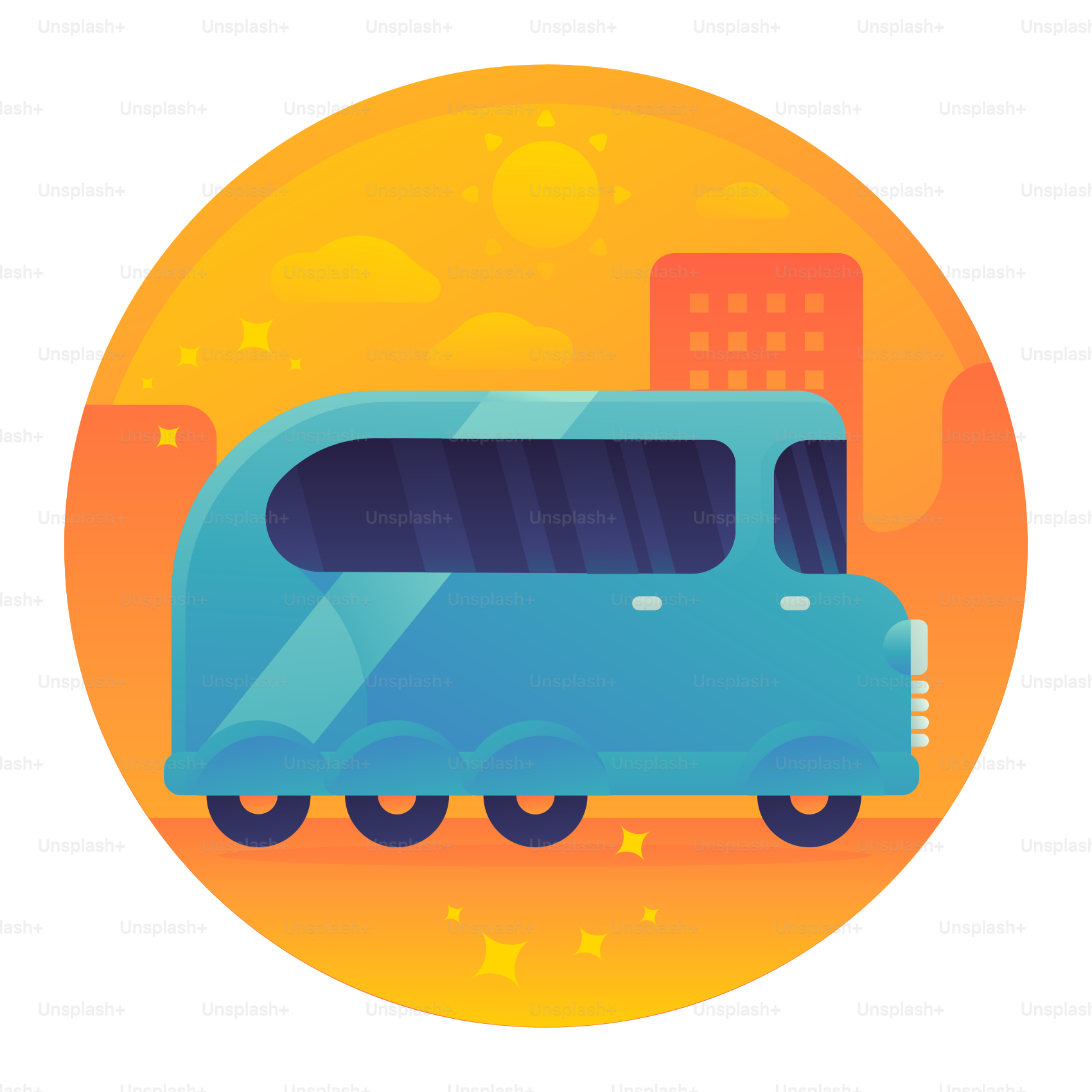 A blue truck with a yellow background