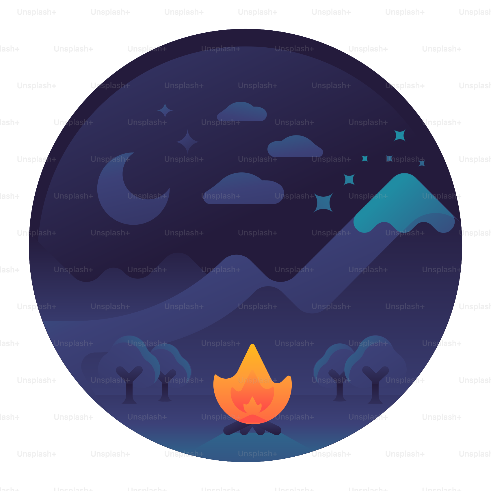 A blue circle with a campfire in the middle of it