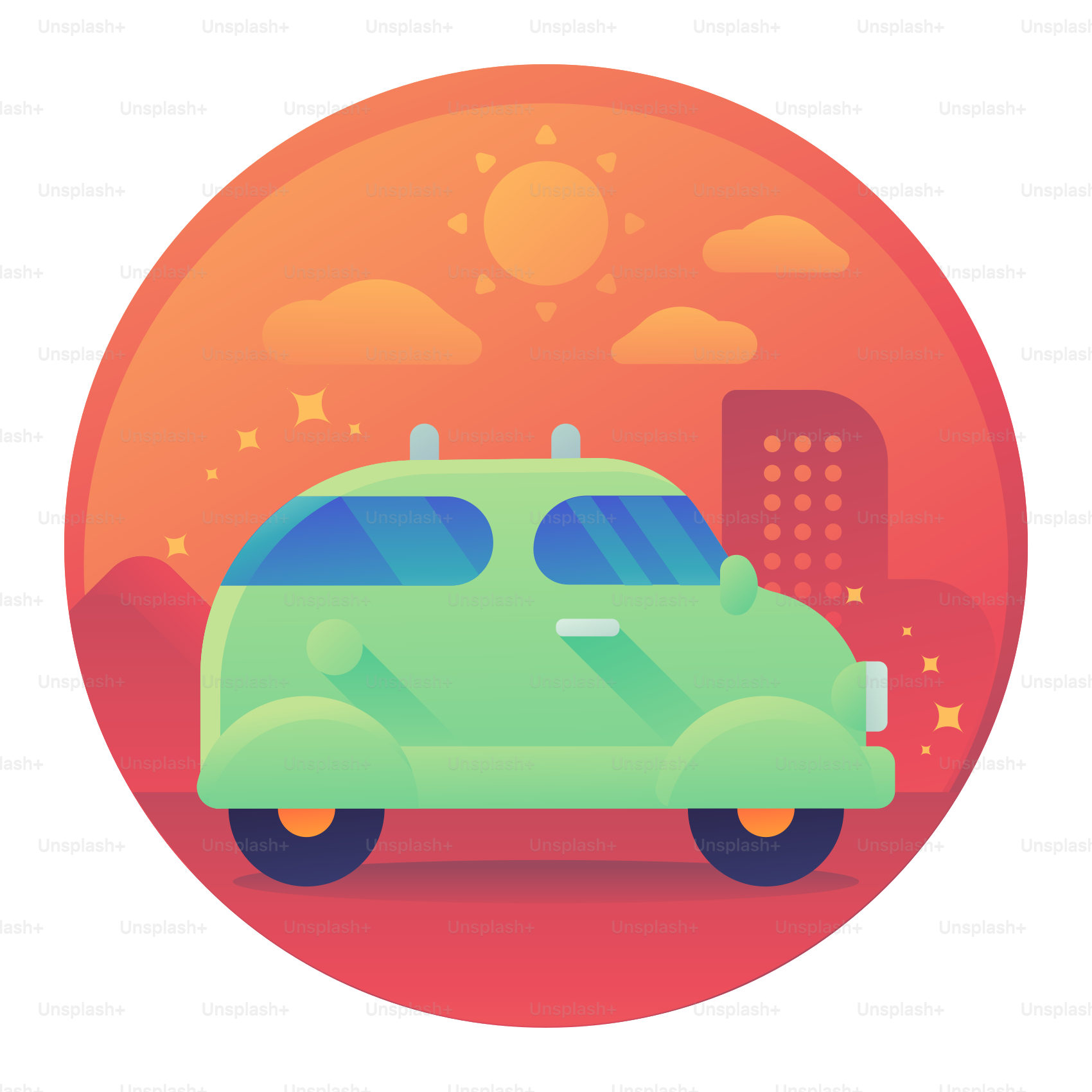 Ein grünes Auto mit einer Stadt im Hintergrund